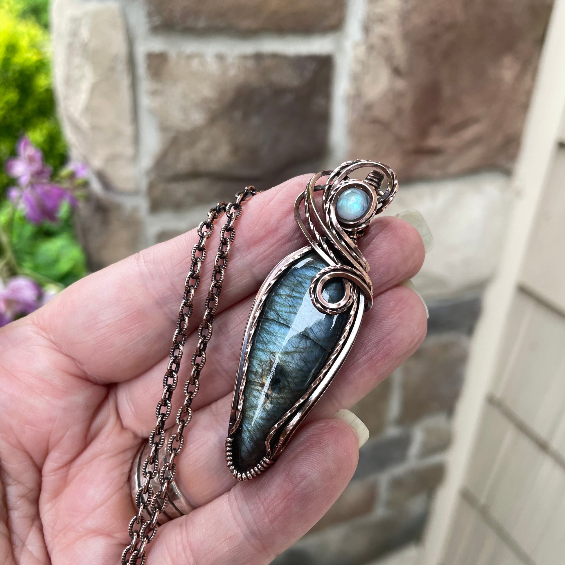 Slate Blue Slender Labradorite & Moonstone Copper Pendant
