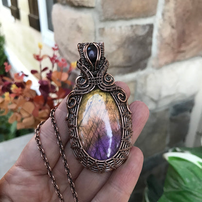 Yellow Amber Purple Labradorite & Pink Cat's Eye Wire Wrapped Pendant