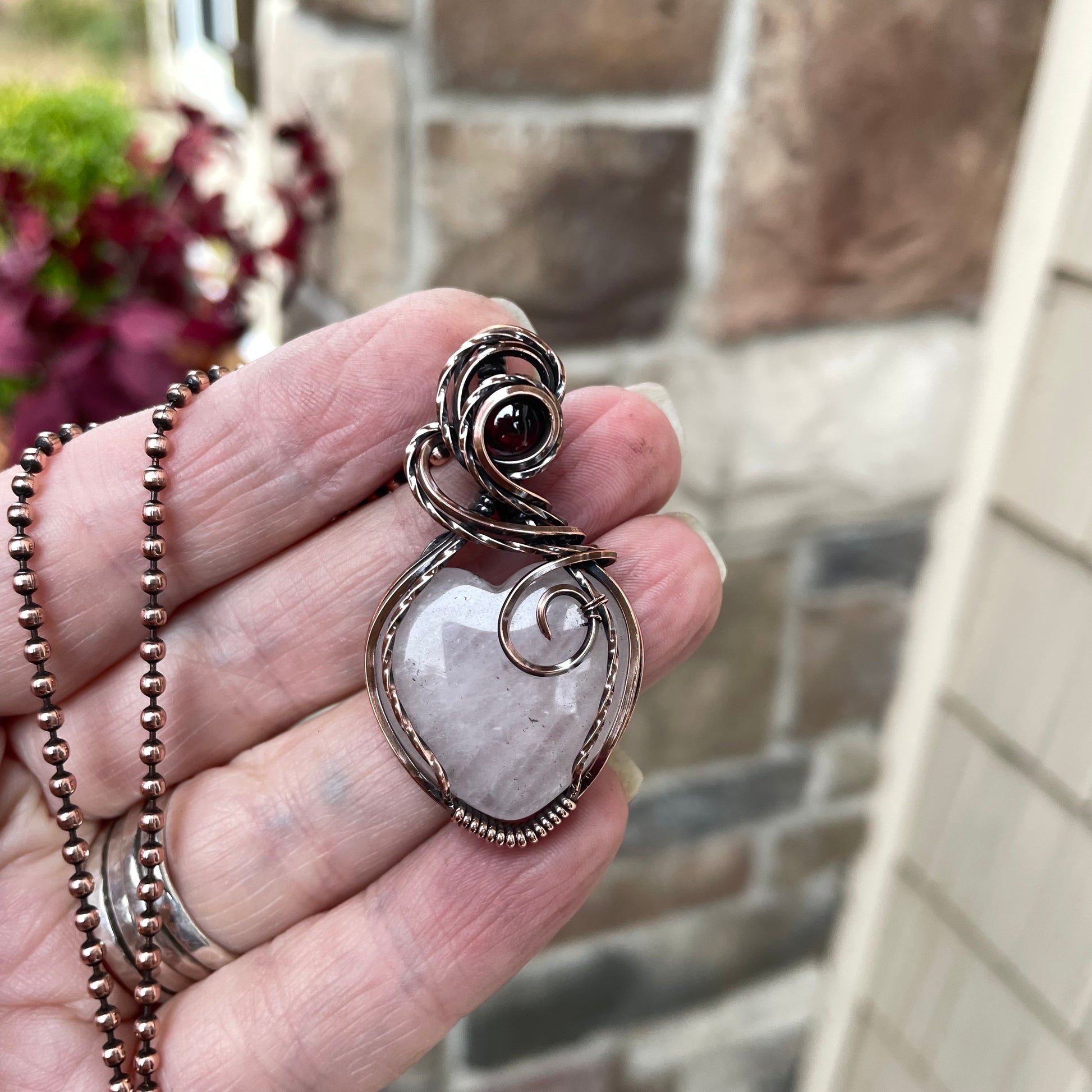 Rose Quartz & Garnet Heart Copper Pendant