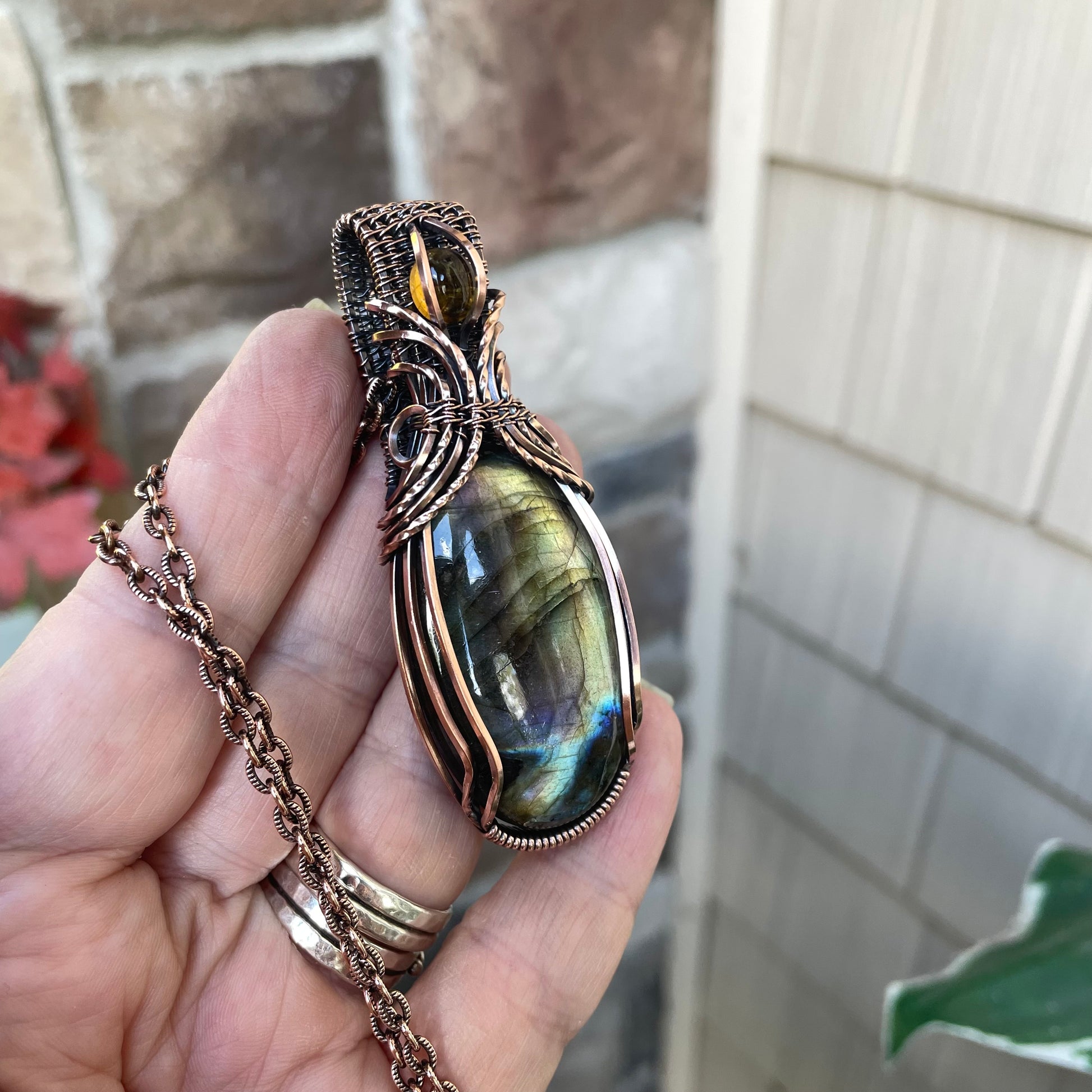 Rainbow Labradorite & Citrine Copper Necklace with Woven Bail