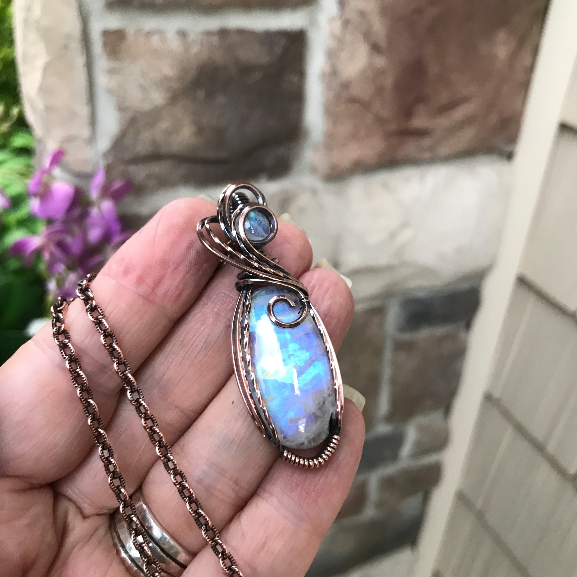 Moonstone with Tourmaline Swirly Copper Pendant