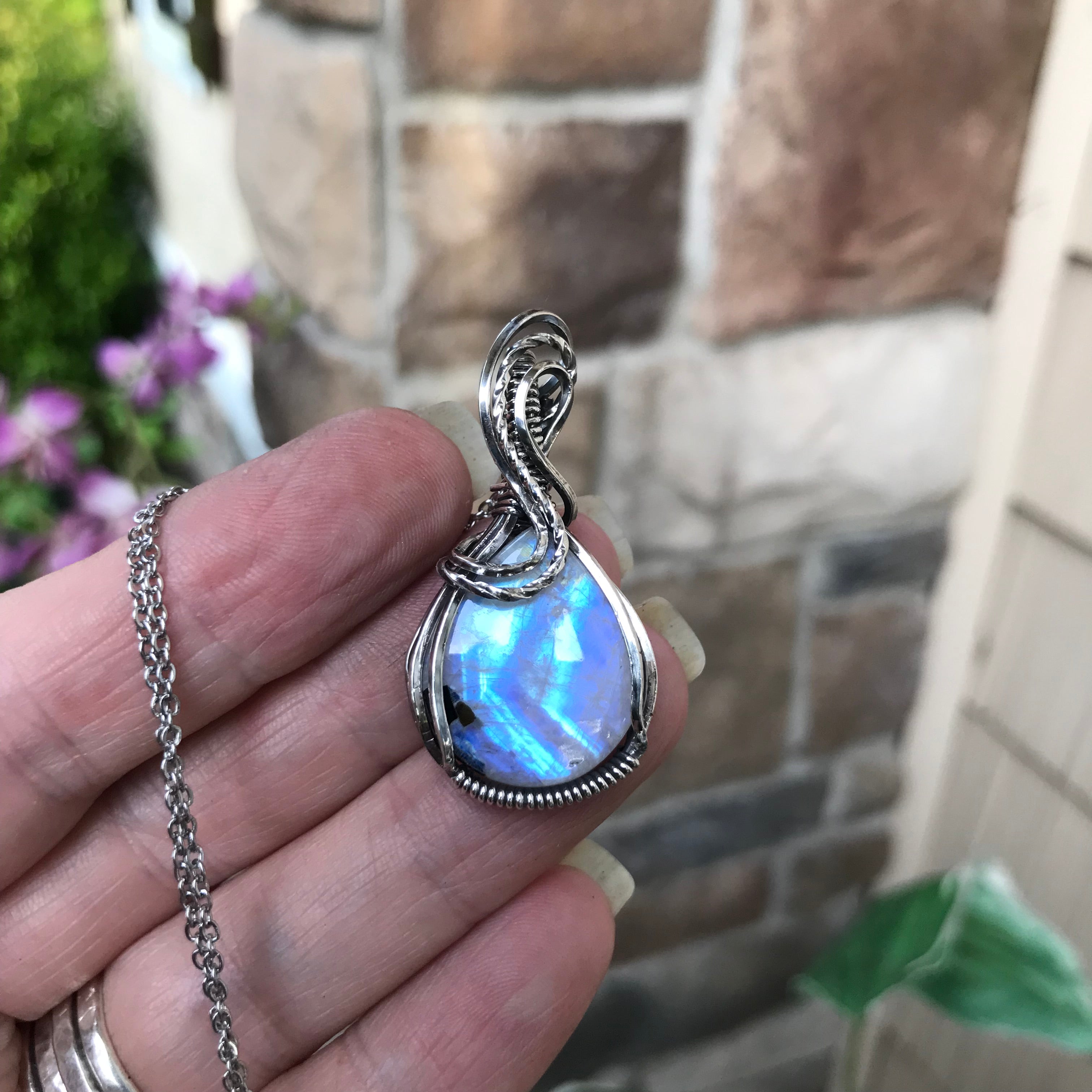 Moonstone with Black Tourmaline Sterling Silver Pendant