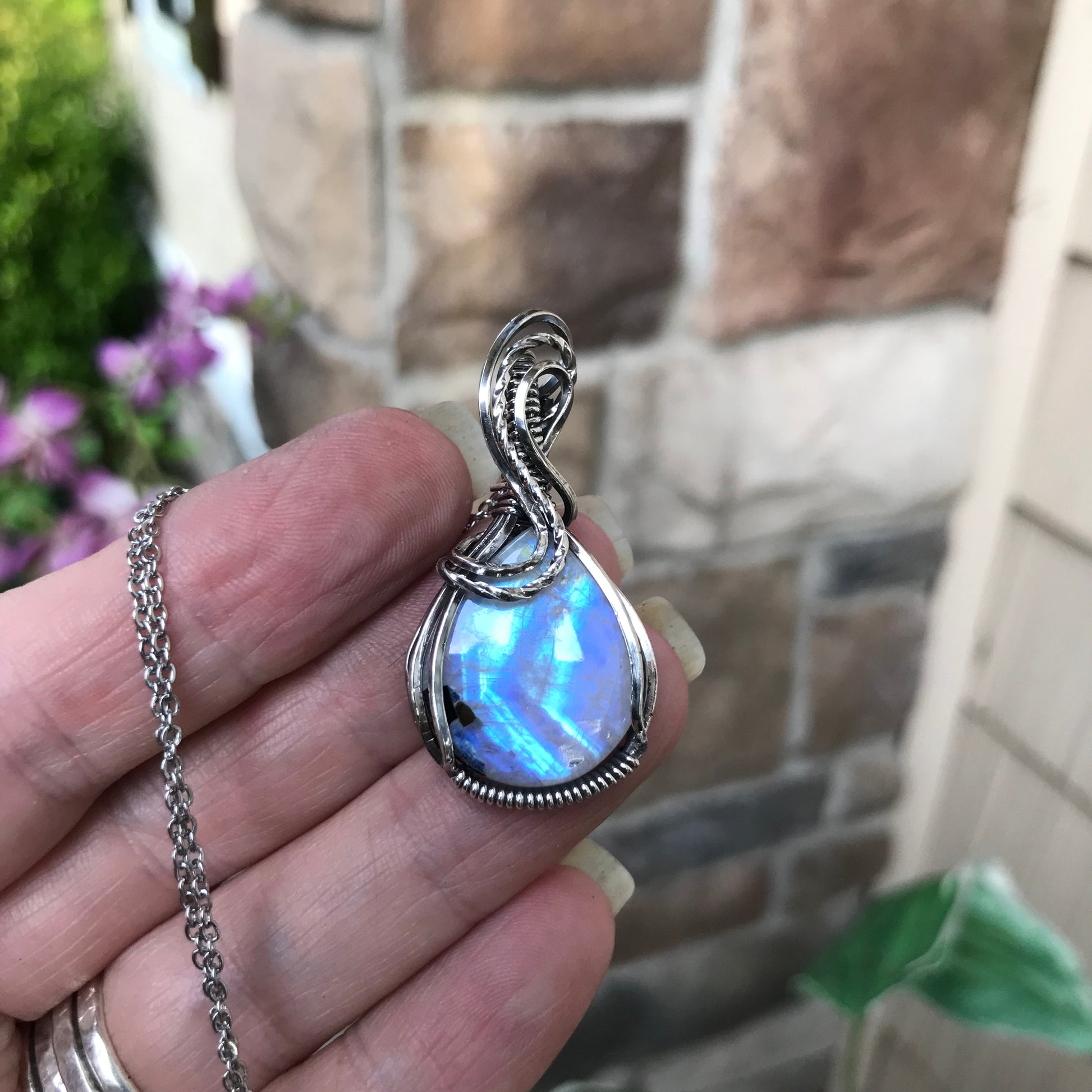 Moonstone with Black Tourmaline Sterling Silver Pendant