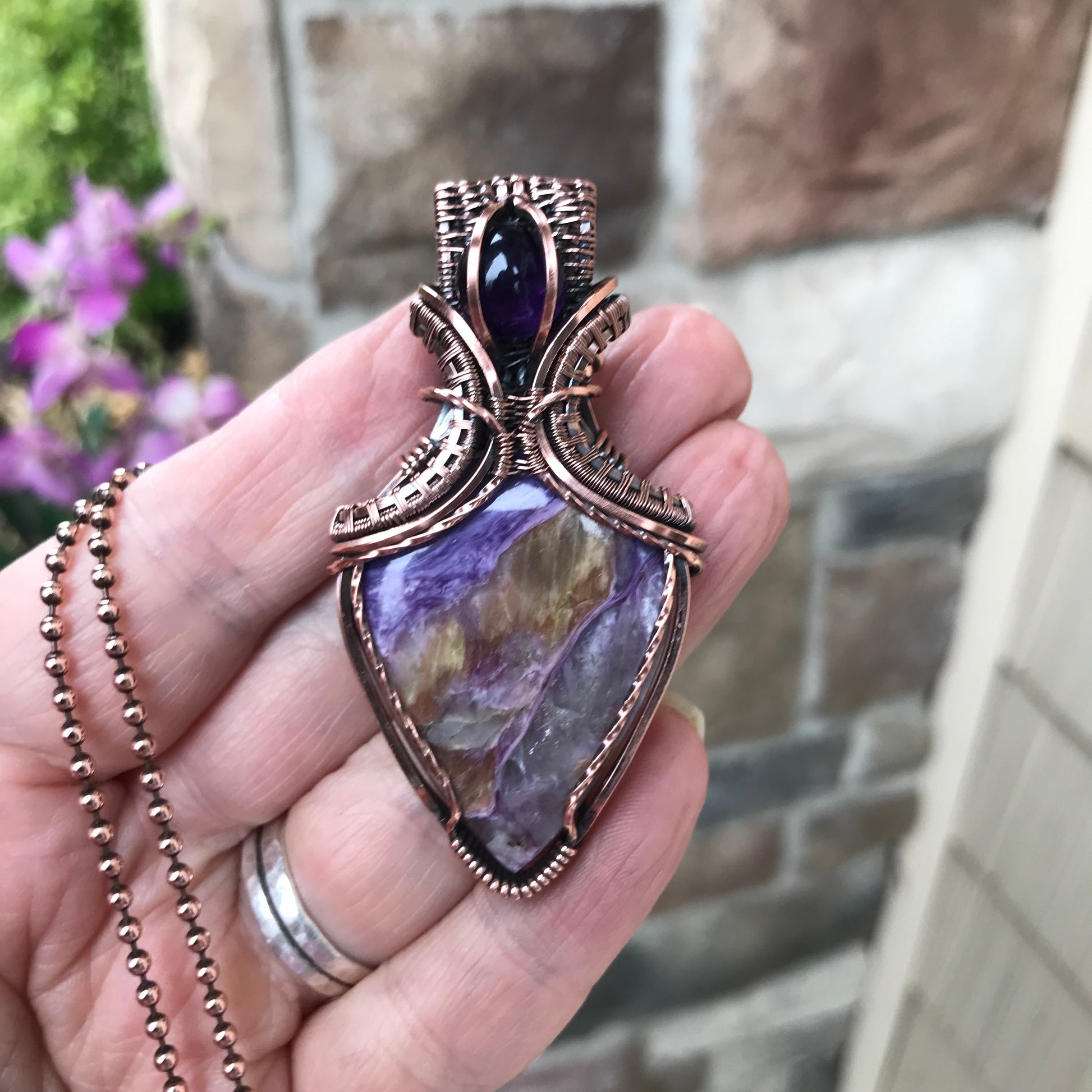 Charoite & Amethyst Copper Pendant with Weaving