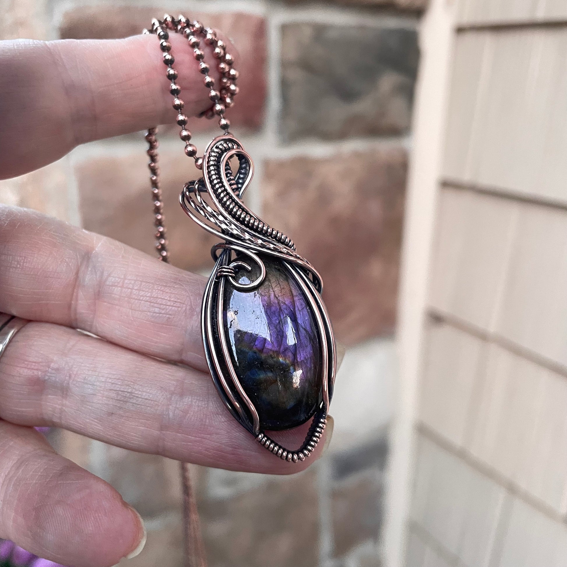 Purple Oval Labradorite Copper Pendant