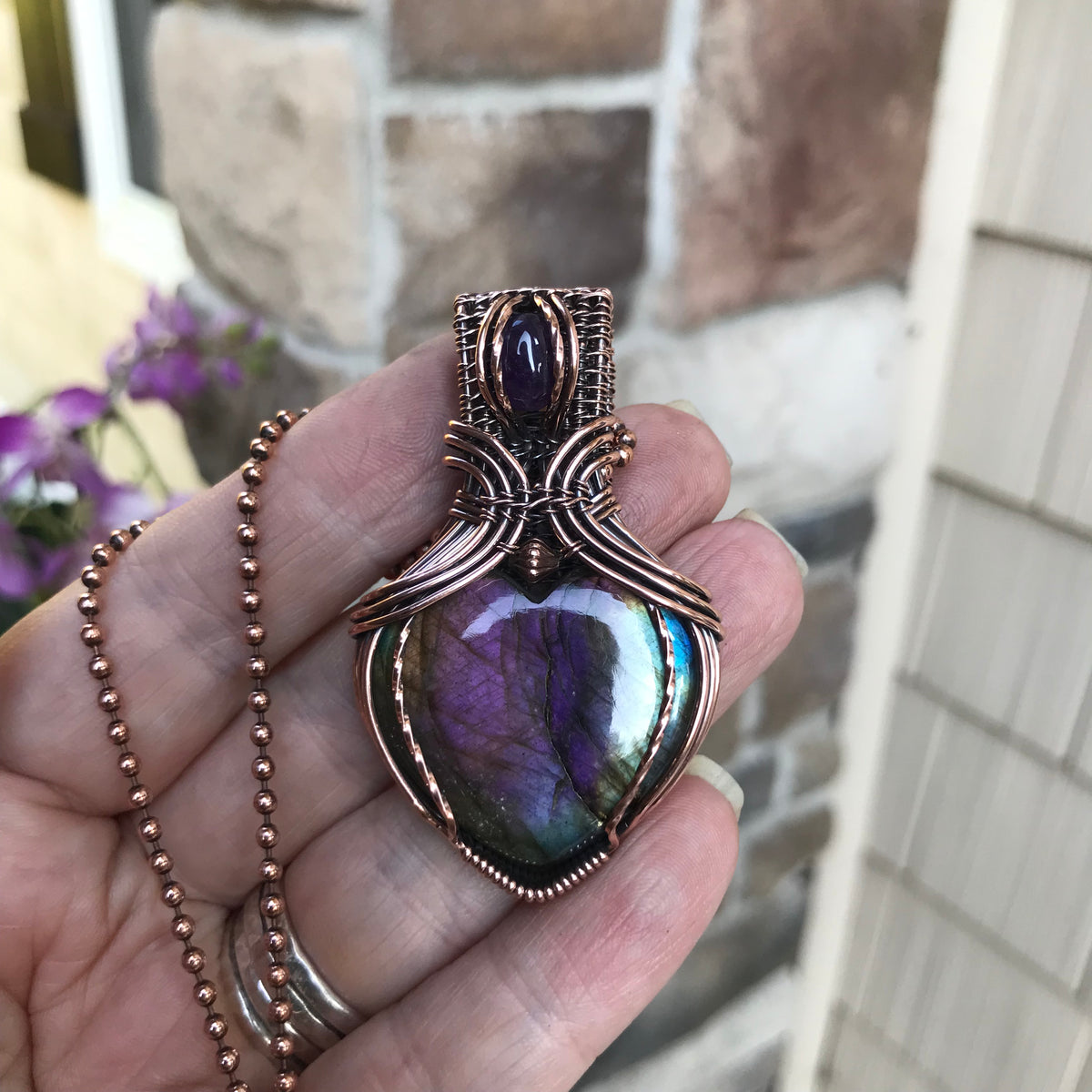 Rainbow Labradorite & Amethyst Copper Pendant