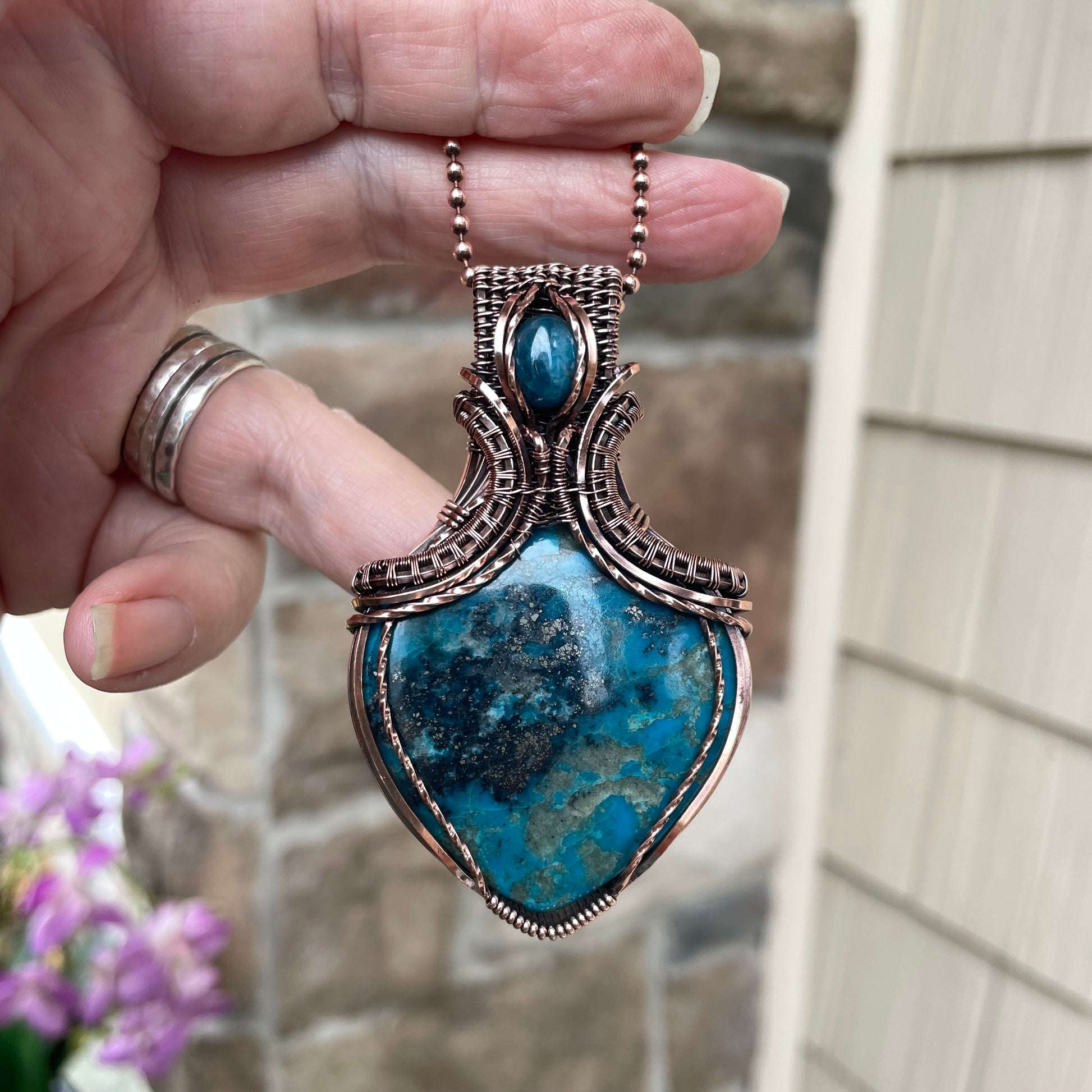 Turquoise & Apatite Copper Pendant with Weaving