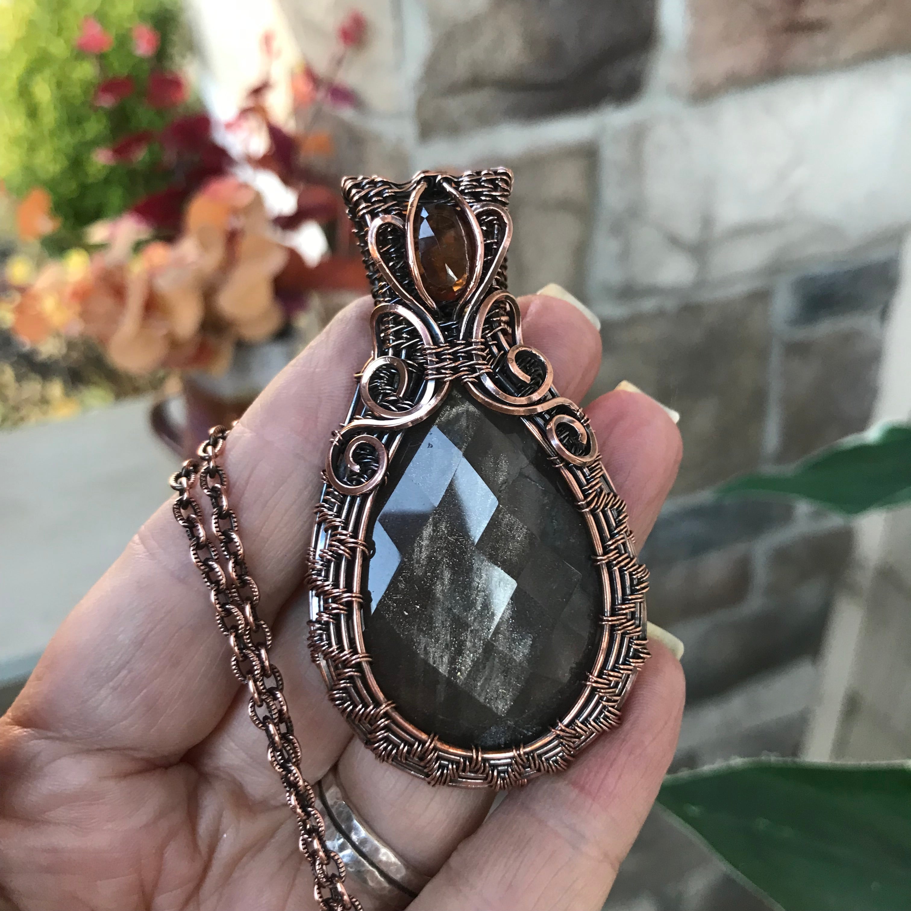 Sunstone & Hessonite Garnet Woven Copper Pendant