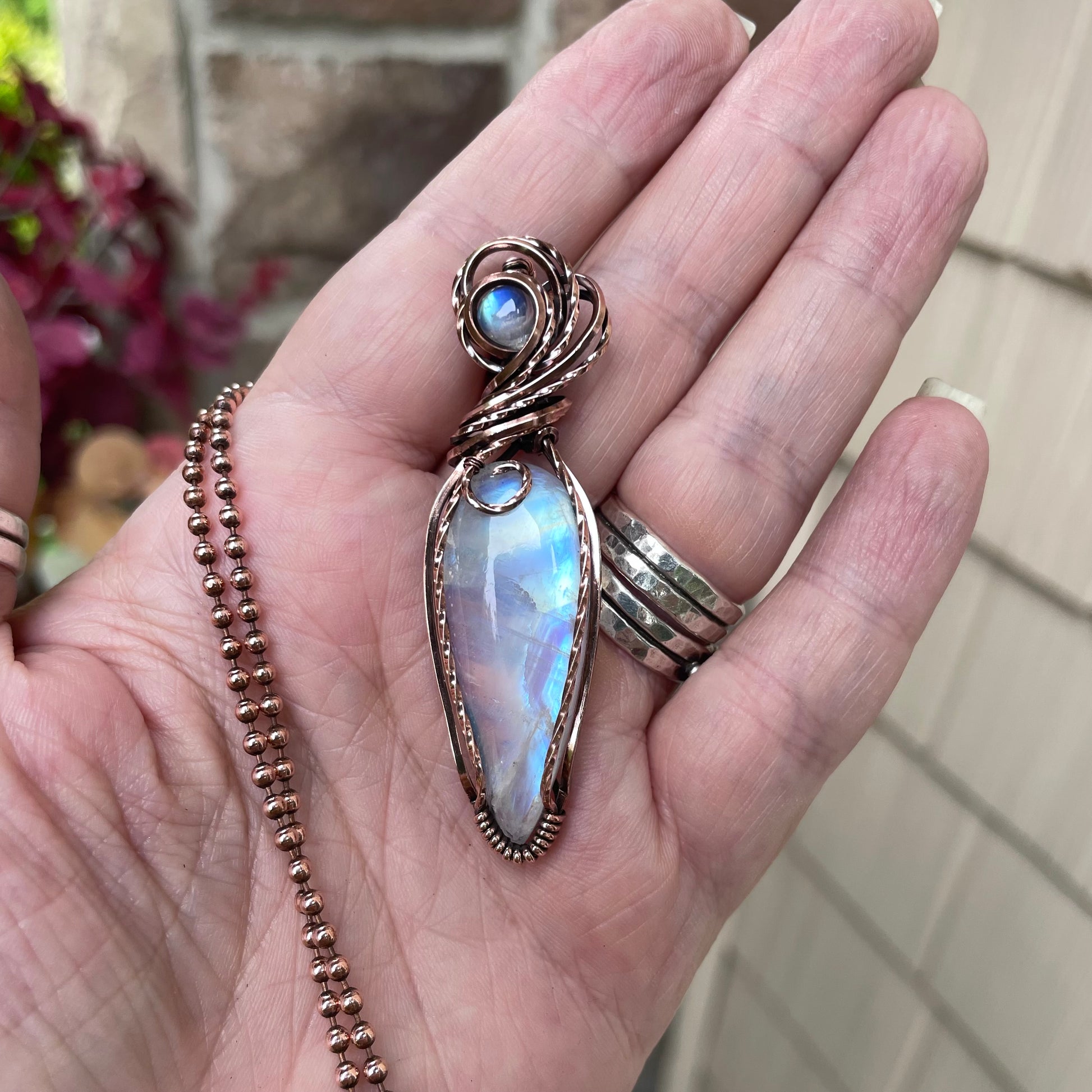 Moonstone Slender Swirly Copper Pendant
