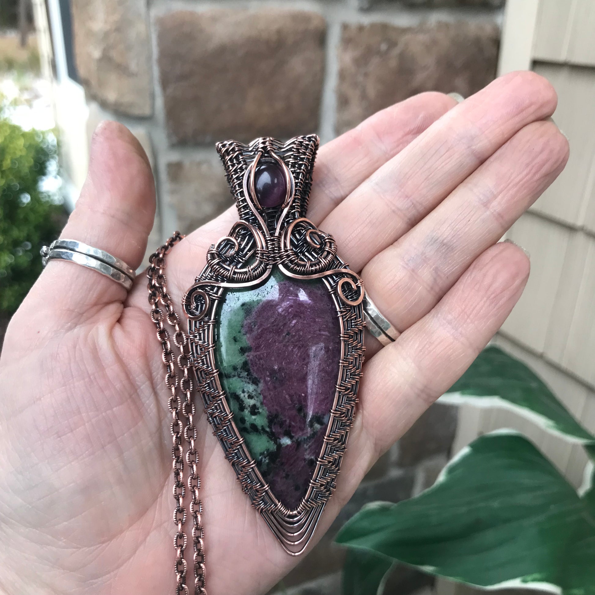 Ruby Zoisite Wire Weave Copper Pendant