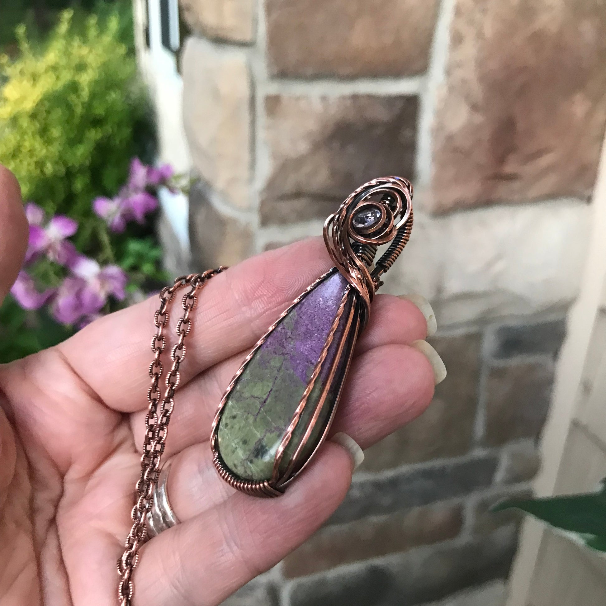 Stichtite & Pink Amethyst Slender Swirly Copper Pendant