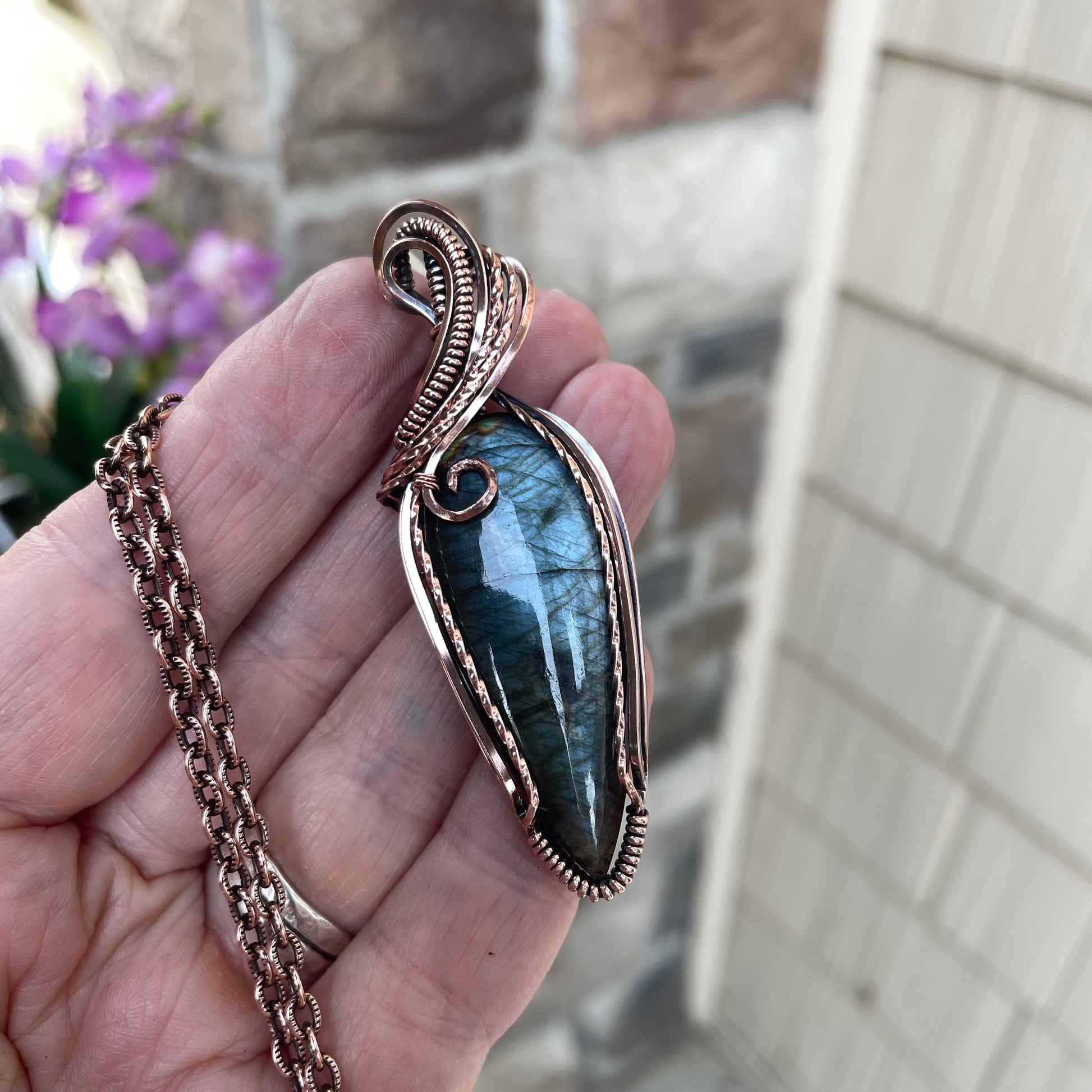 Slate Blue Slender Labradorite Copper Pendant