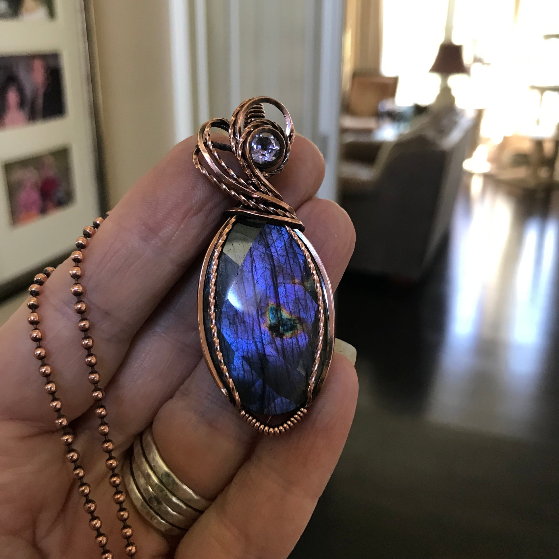 Faceted Purple Oval Labradorite & Pink Amethyst Copper Pendant