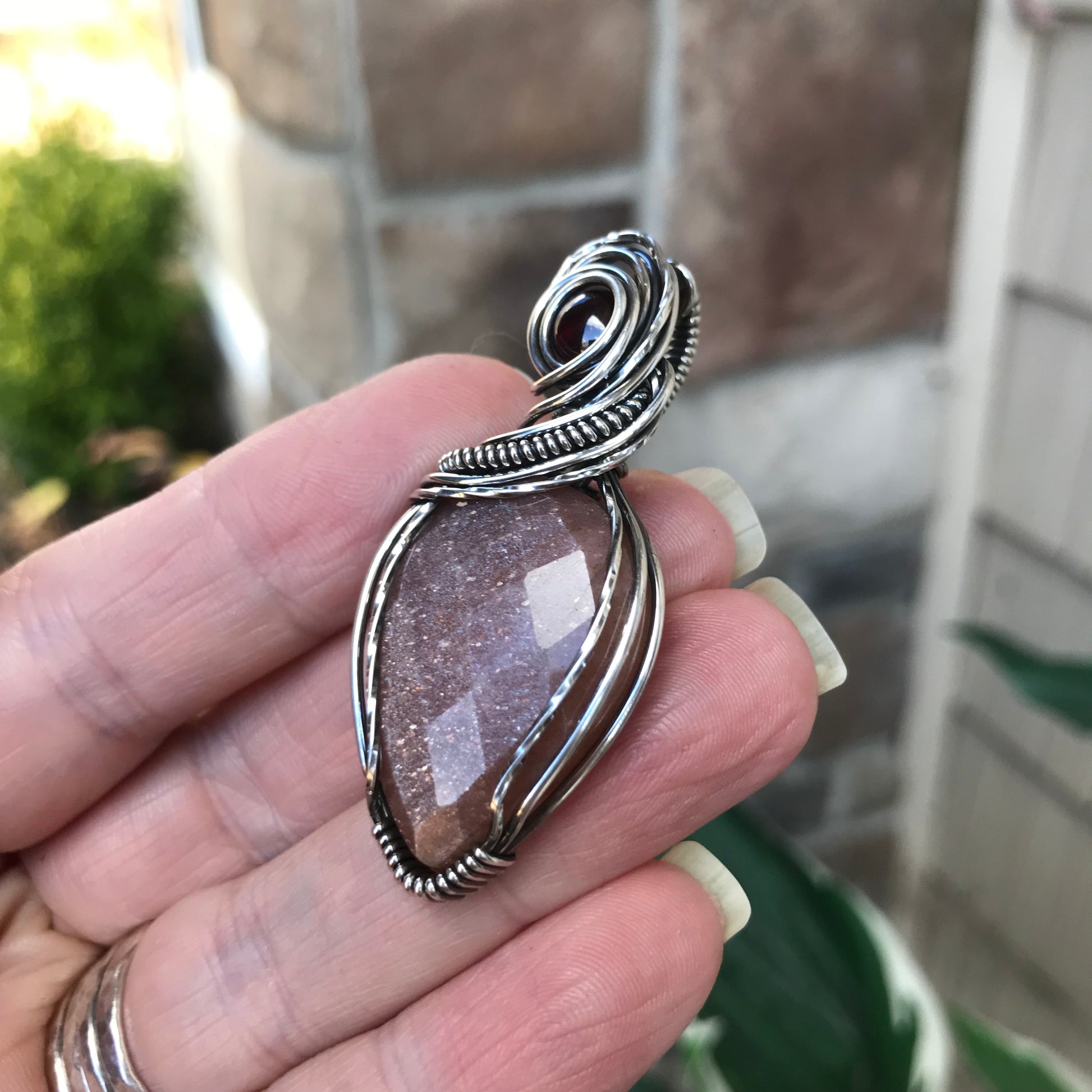 Peach Moonstone & Garnet Silver Necklace