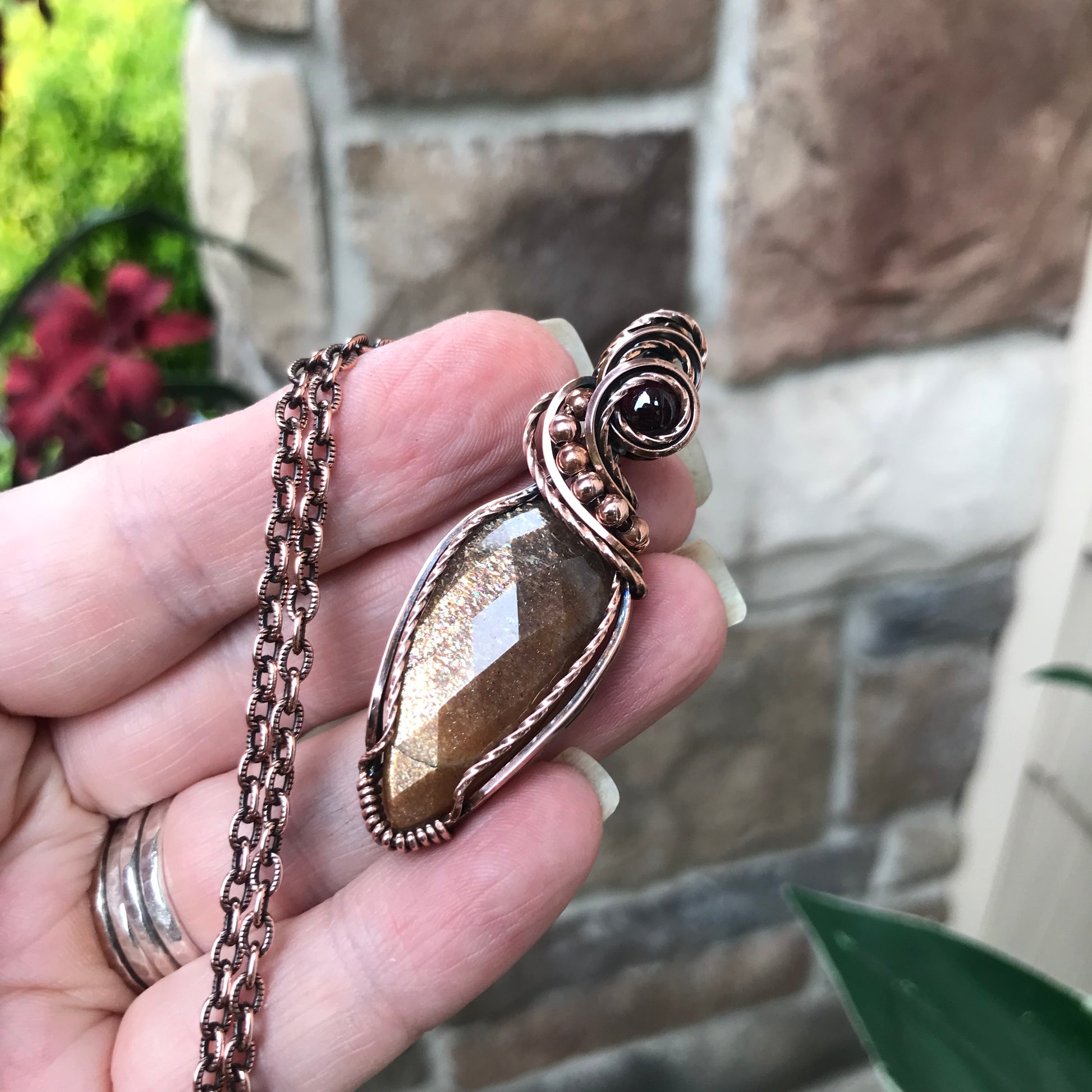 Sunstone & Garnet Copper  Pendant