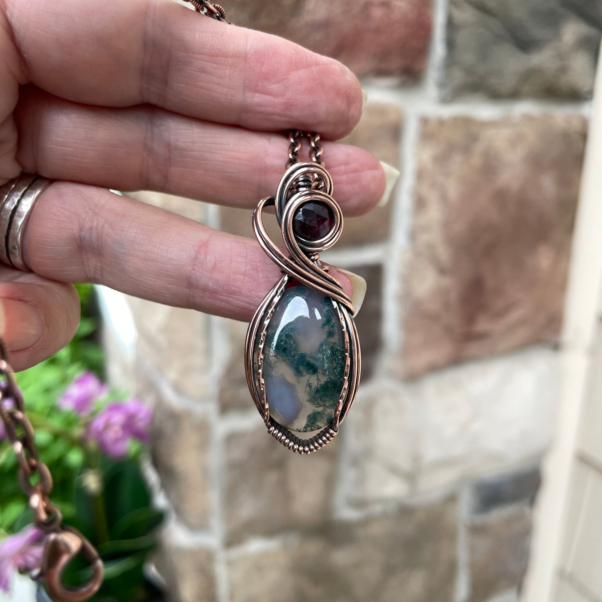 Moss Agate & Garnet Copper Necklace