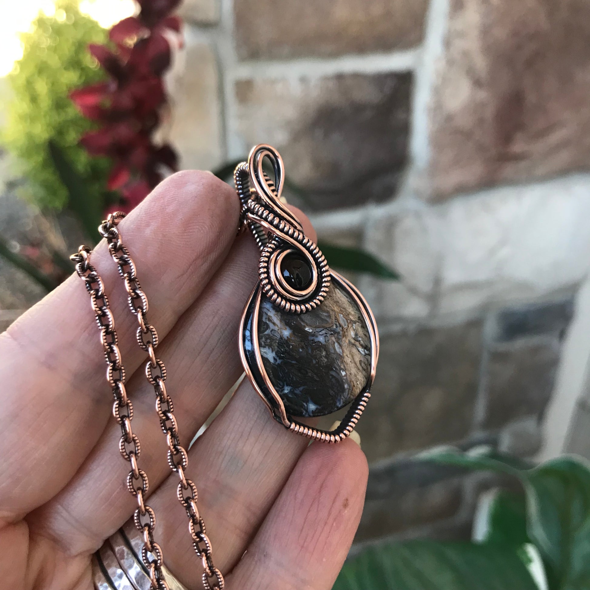 Petrified Palm Wood & Smoky Quartz Round Copper Necklace