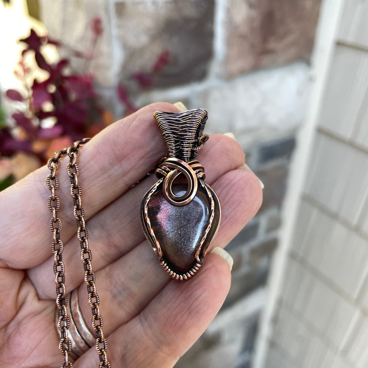 Moonstone Sunstone Teardrop Copper Pendant