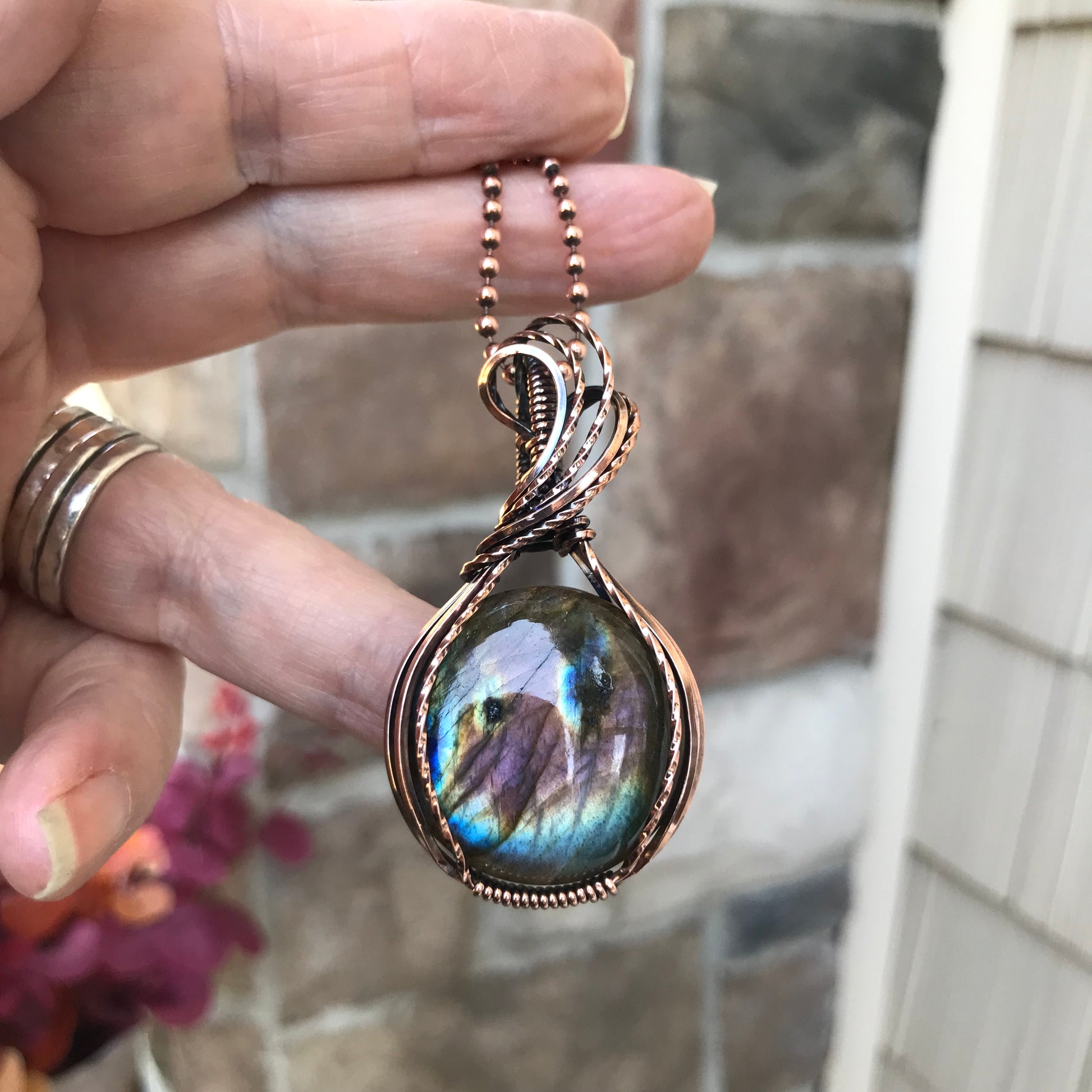Rainbow Labradorite Round Copper Pendant