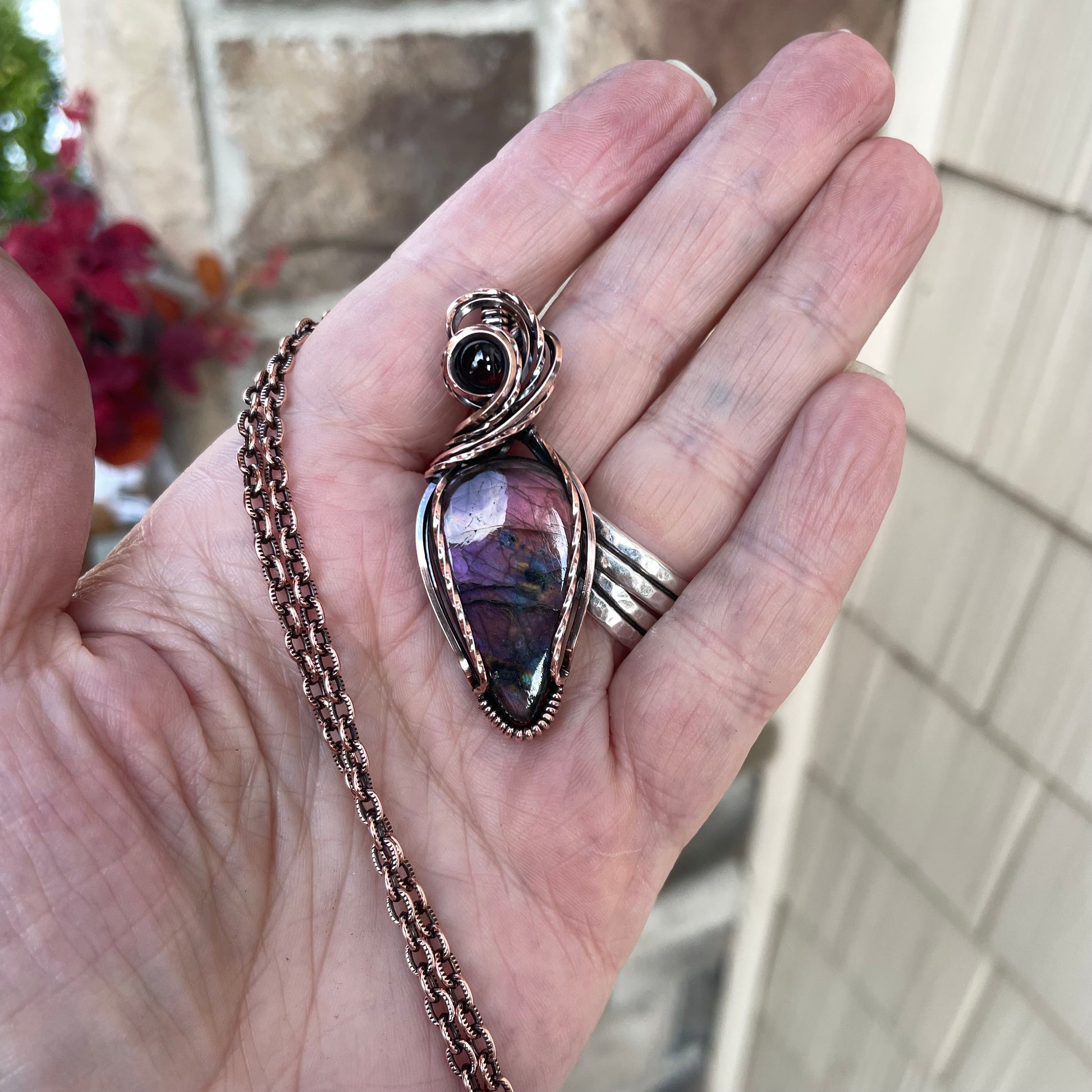 Purple Maroon Labradorite & Garnet Swirly Copper Pendant