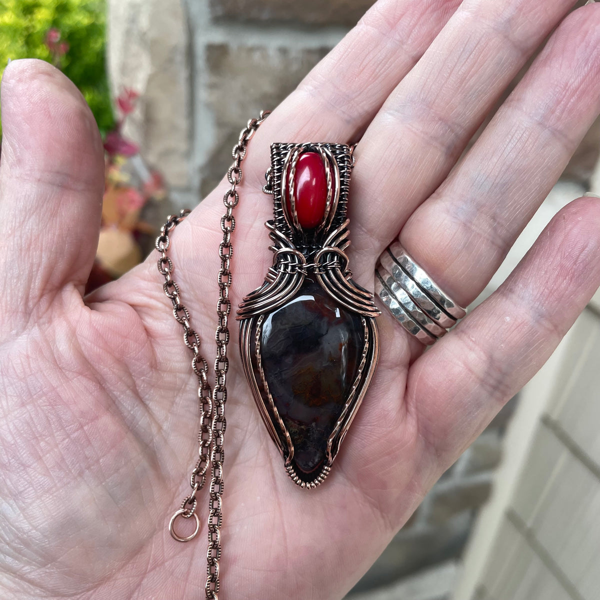 Red Moss Agate & Coral Copper Pendant with Weaving