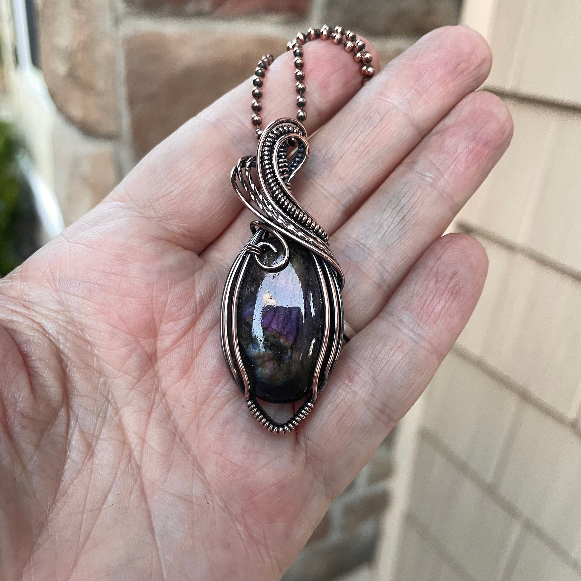 Purple Oval Labradorite Copper Pendant