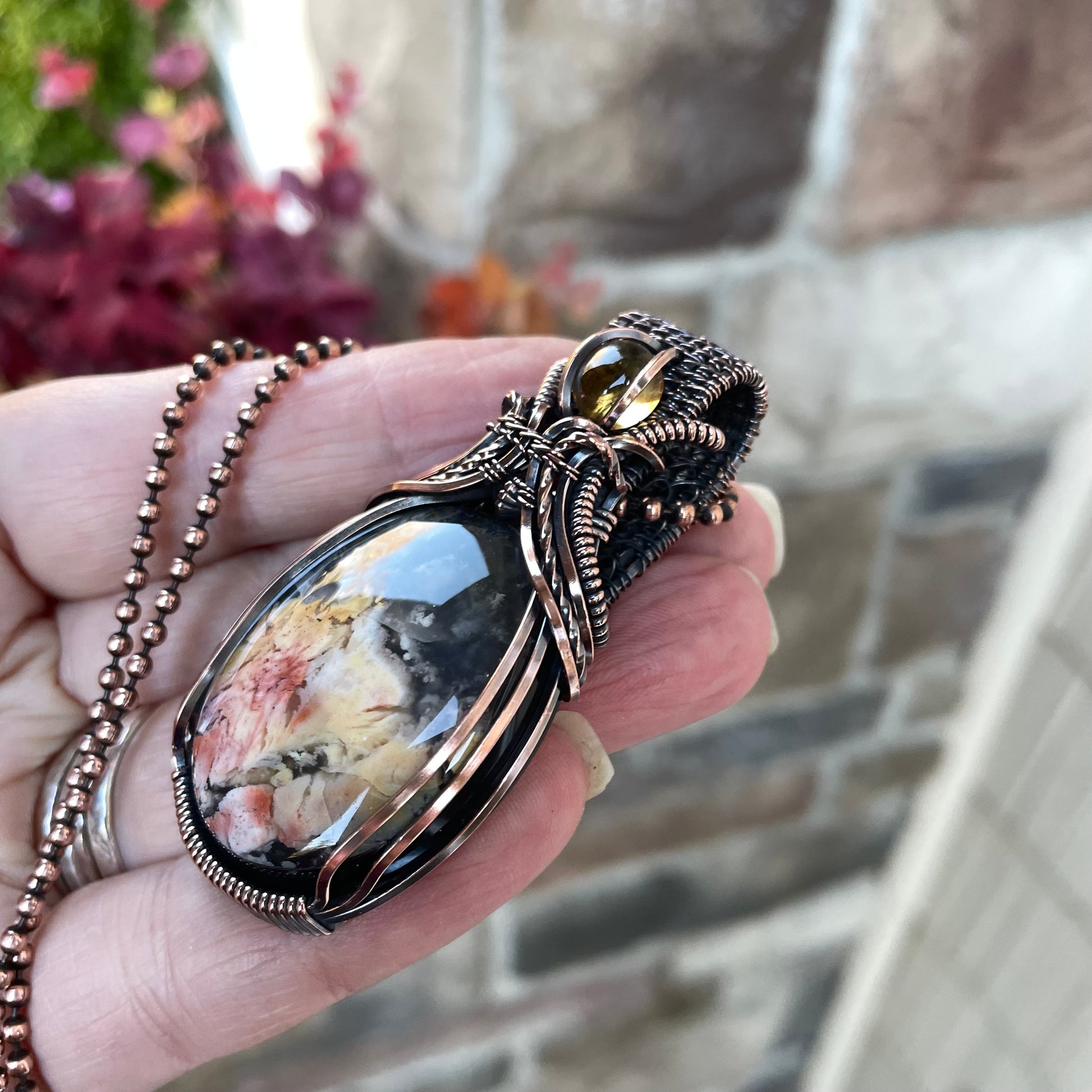 Feather Ridge Plume Agate & Citrine Copper Pendant with Weaving
