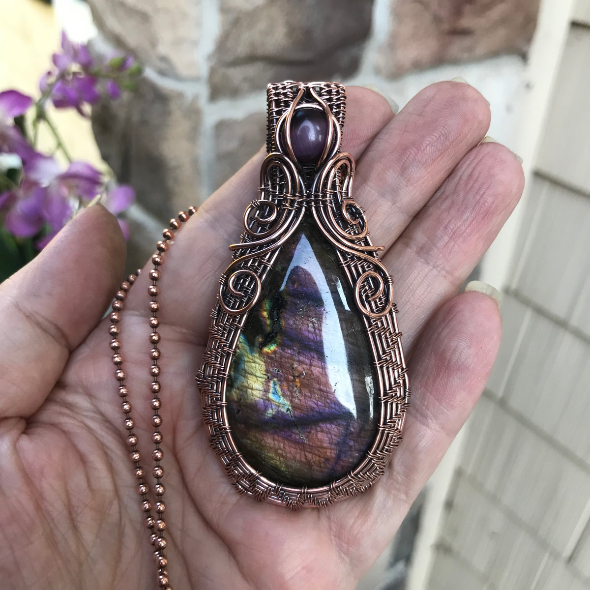 Maroon Purple Labradorite & Pink Cat's Eye Copper Woven Necklace