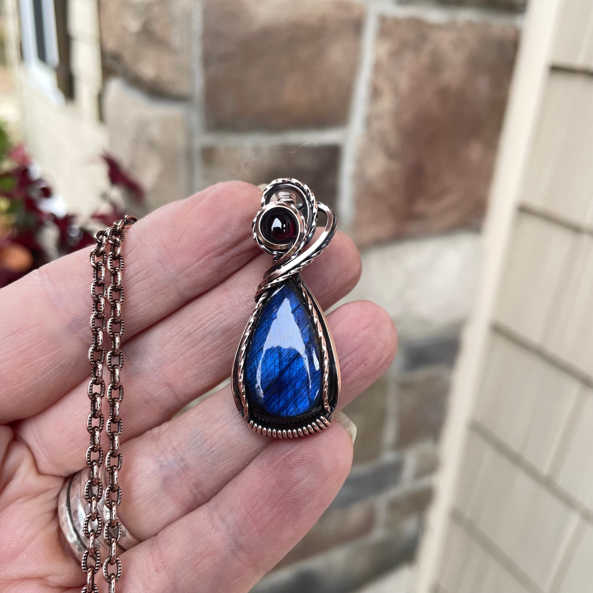 Blue Labradorite & Garnet Copper Pendant