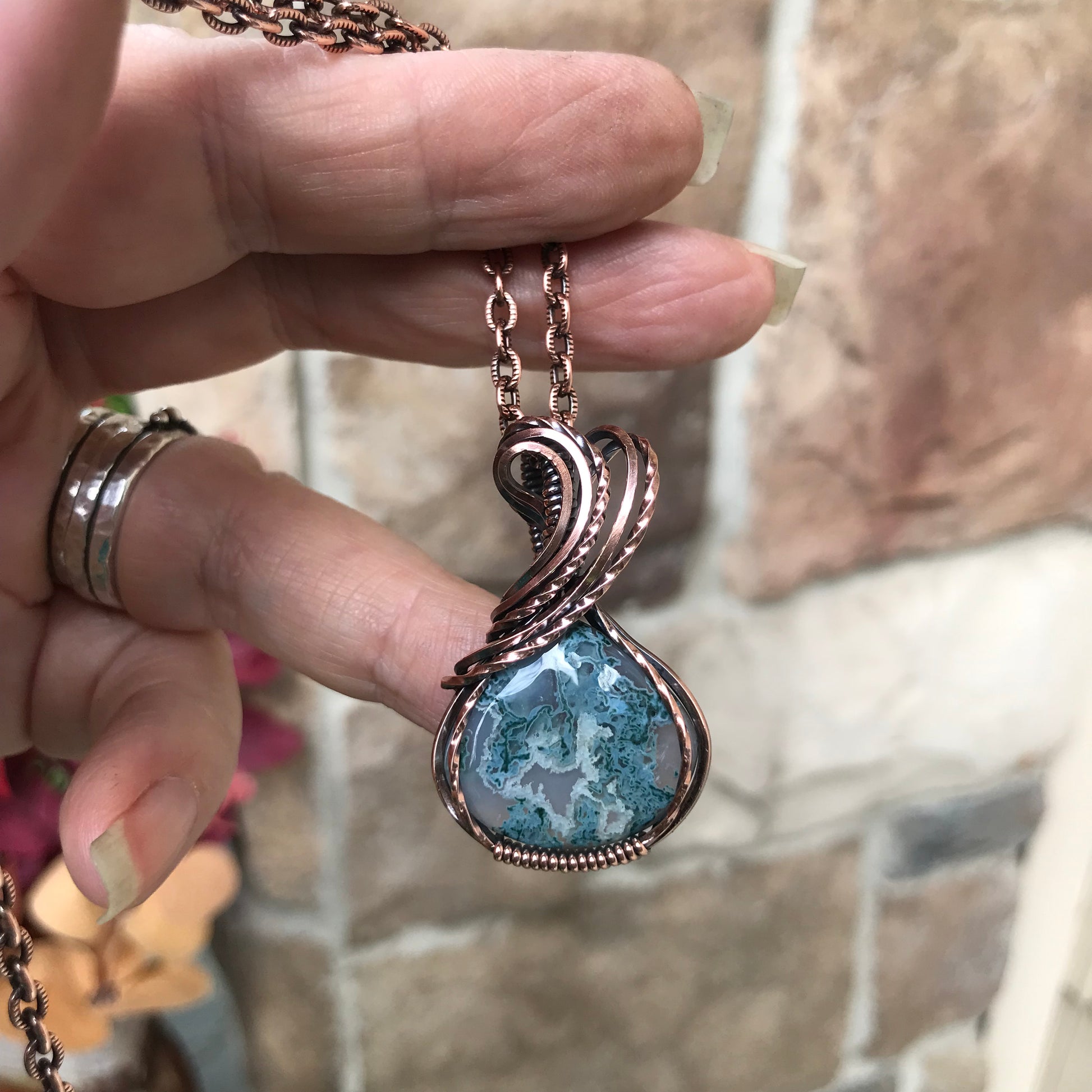 Moss Agate Teardrop Copper Necklace