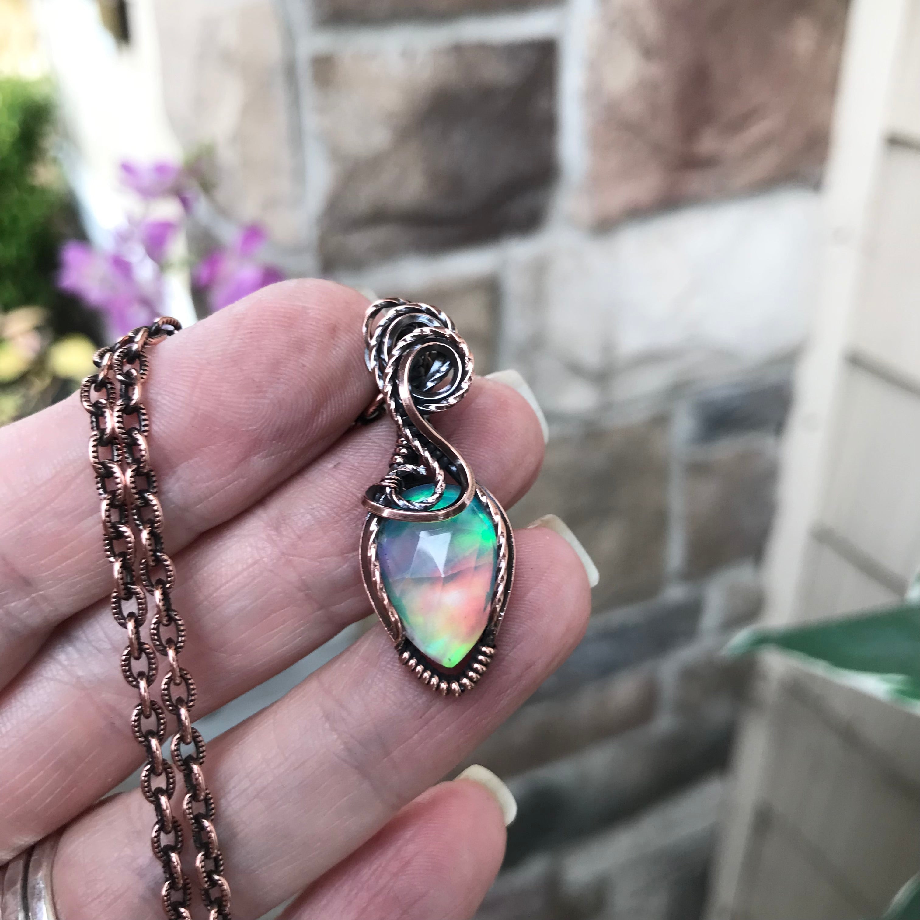 Aurora Opal Small Teardrop Copper Pendant