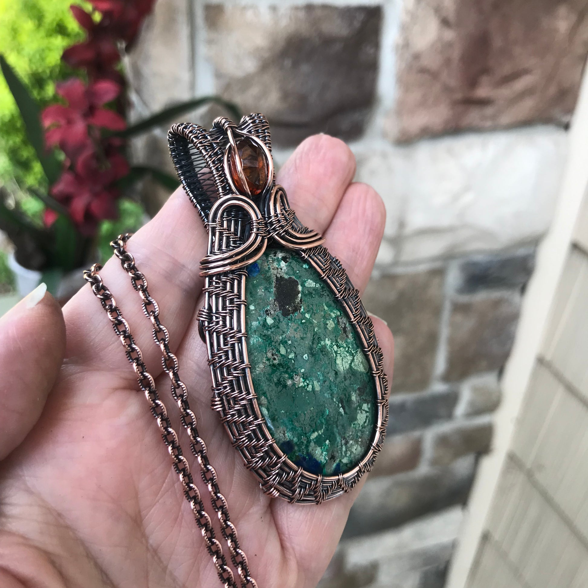 Azurite & Hessonite Garnet Woven Copper Pendant