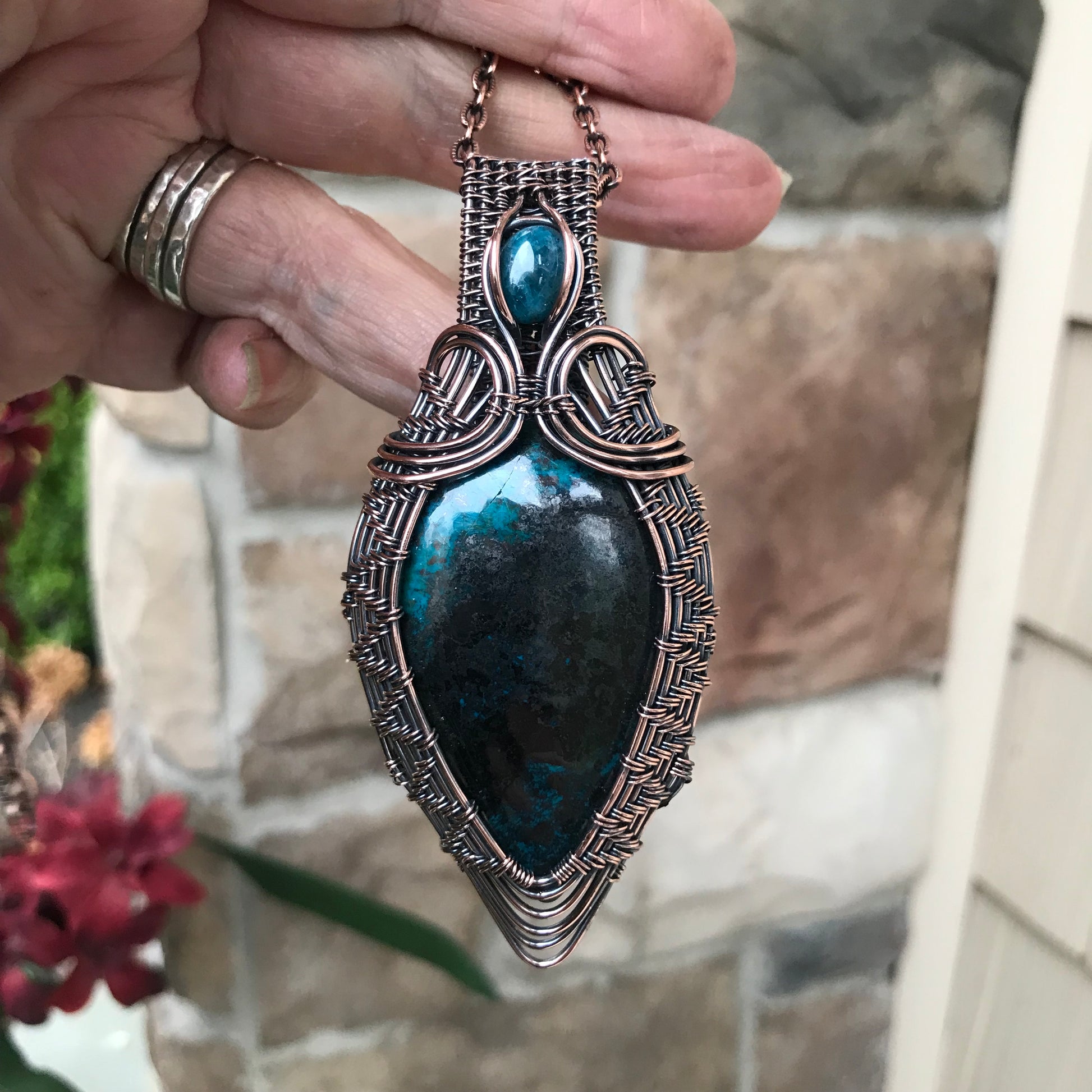 Shattuckite Tenorite with Apatite Woven Copper Pendant