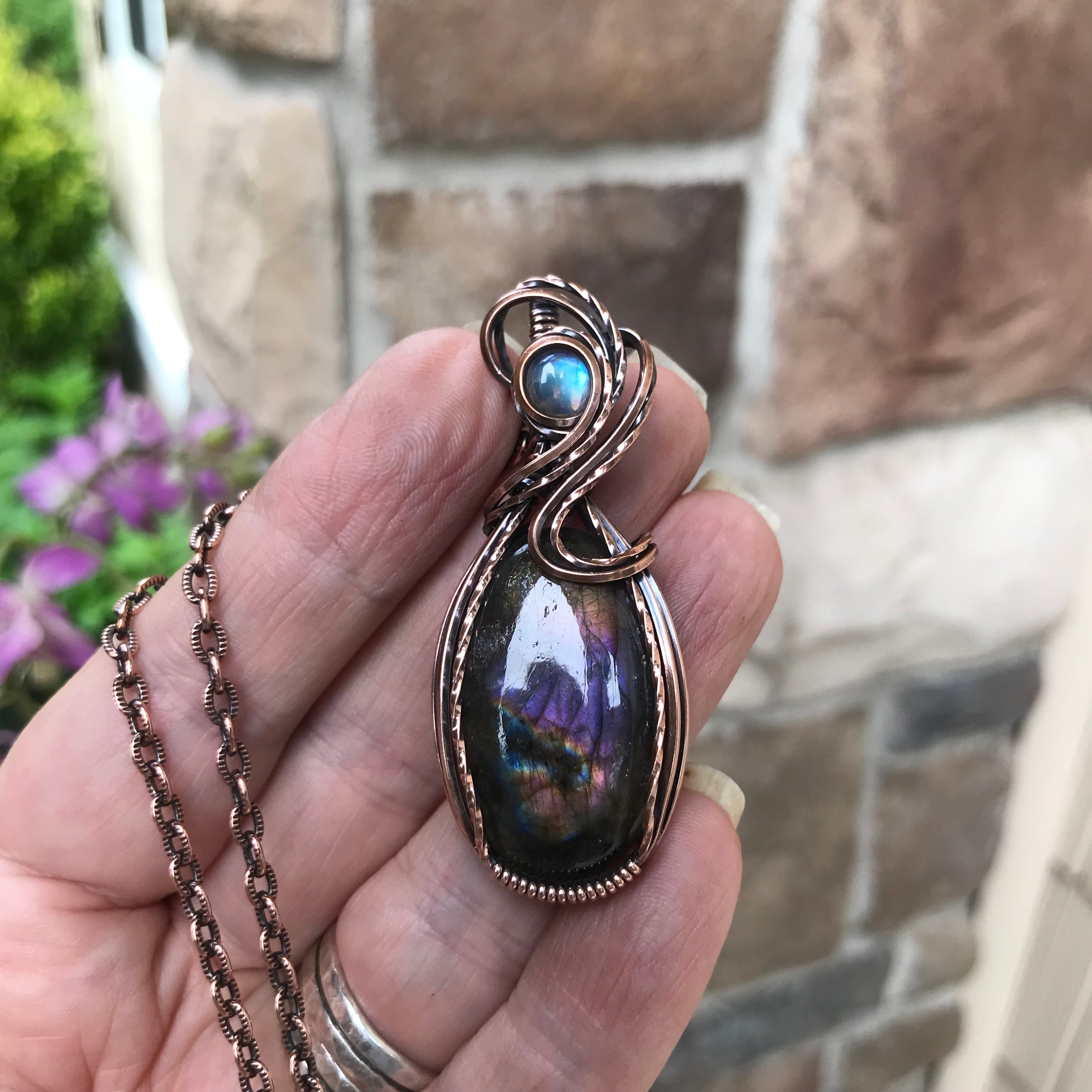 Dark Purple Labradorite & Moonstone Oval Copper Necklace