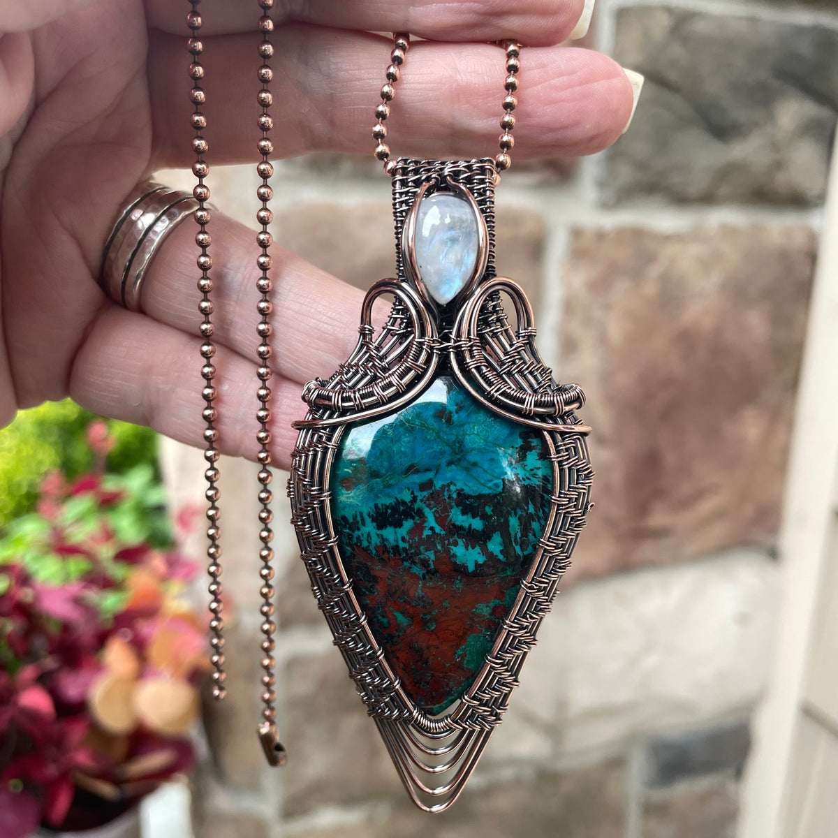 Chrysocolla & Moonstone Woven Statement Pendant