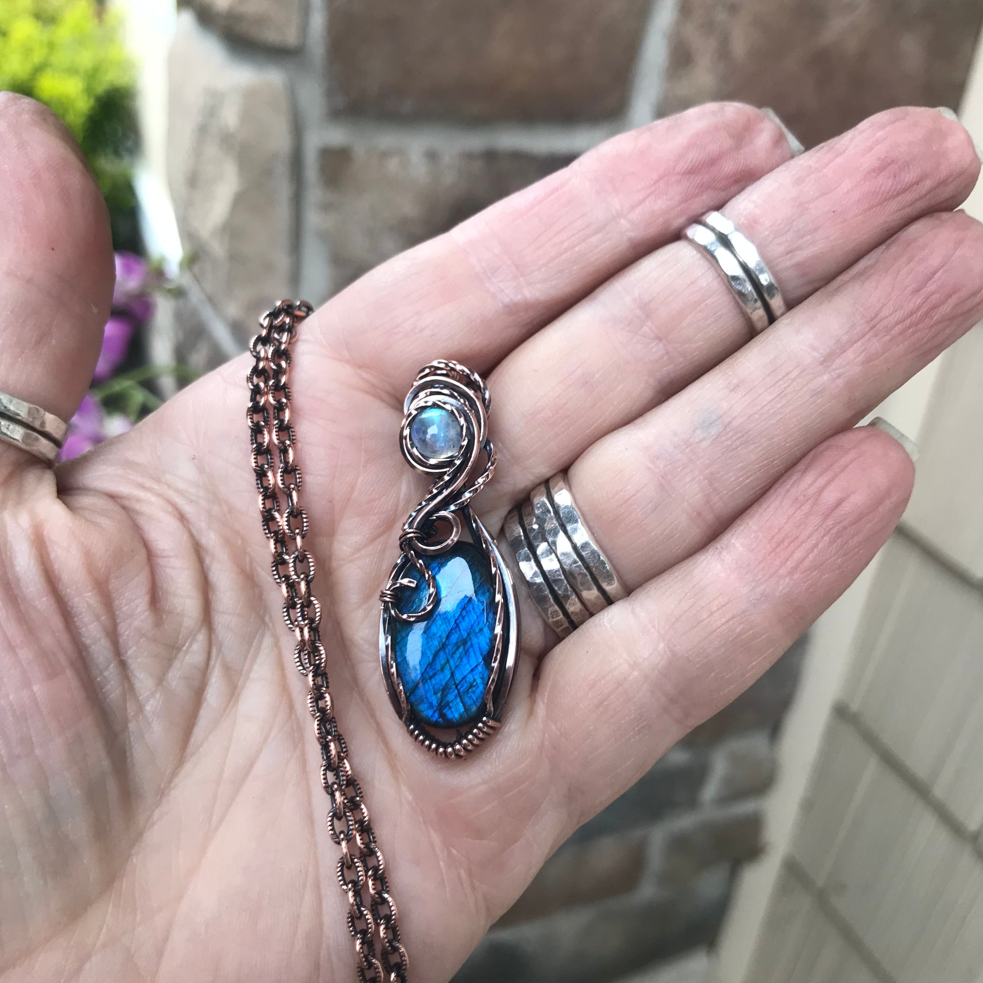 Blue Labradorite & Moonstone Oval Copper Necklace
