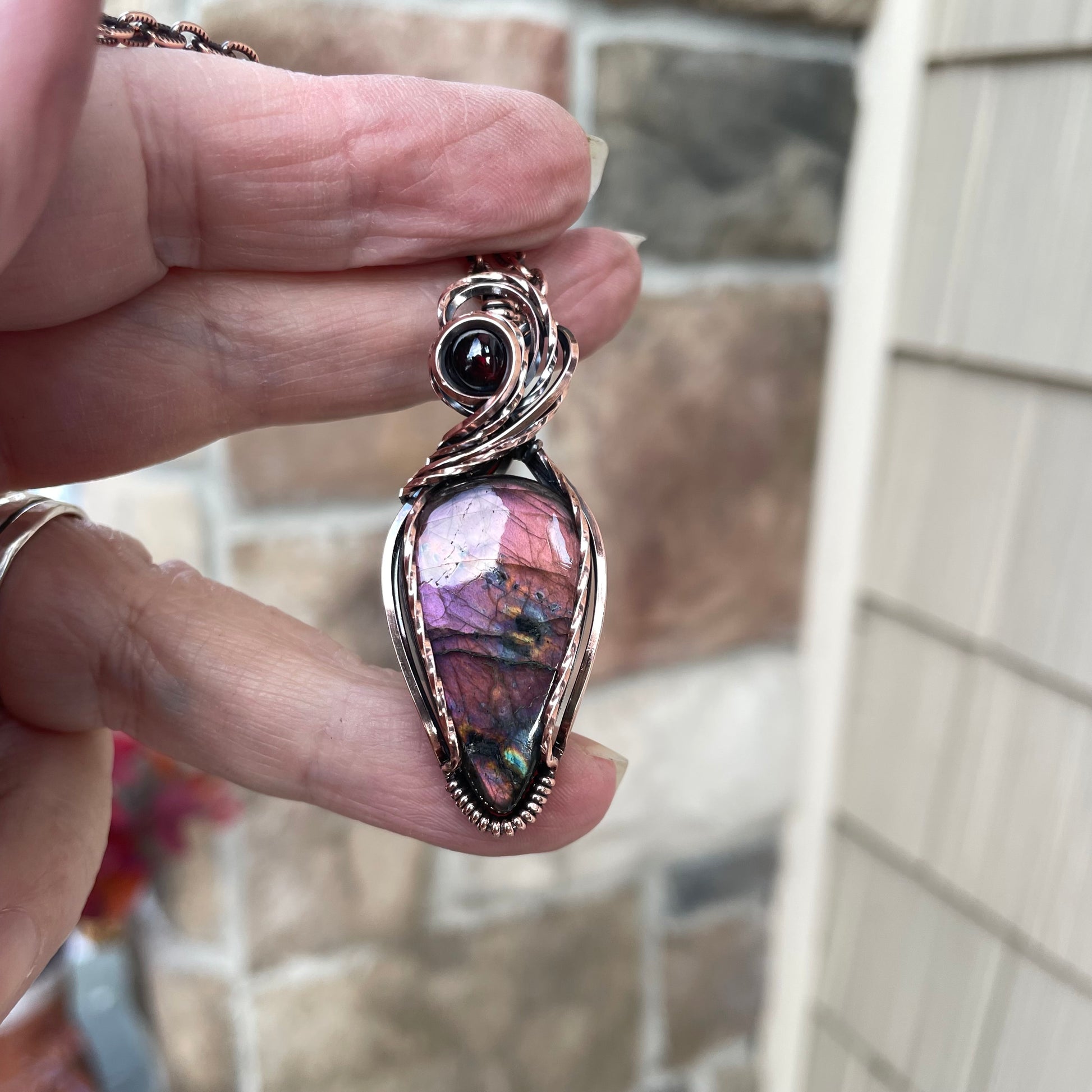 Purple Maroon Labradorite & Garnet Swirly Copper Pendant