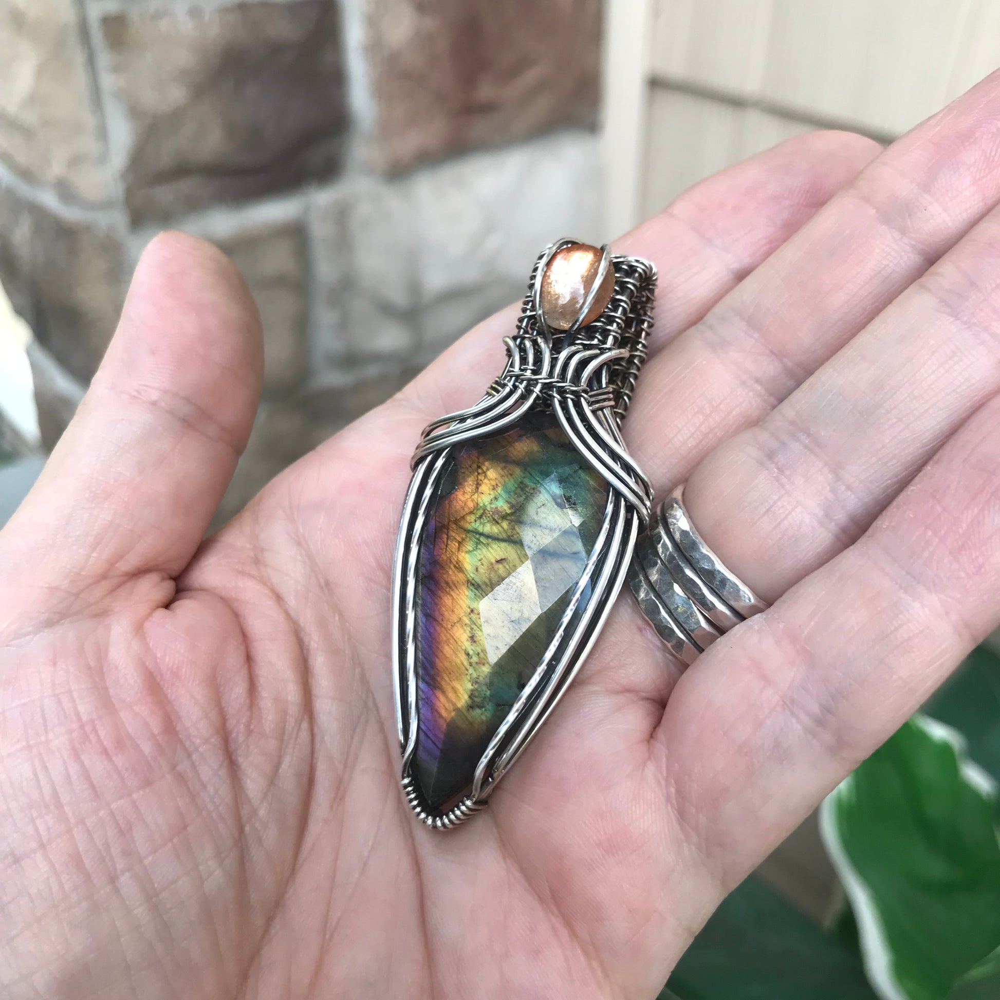 Rainbow Labradorite & Sunstone Silver Pendant