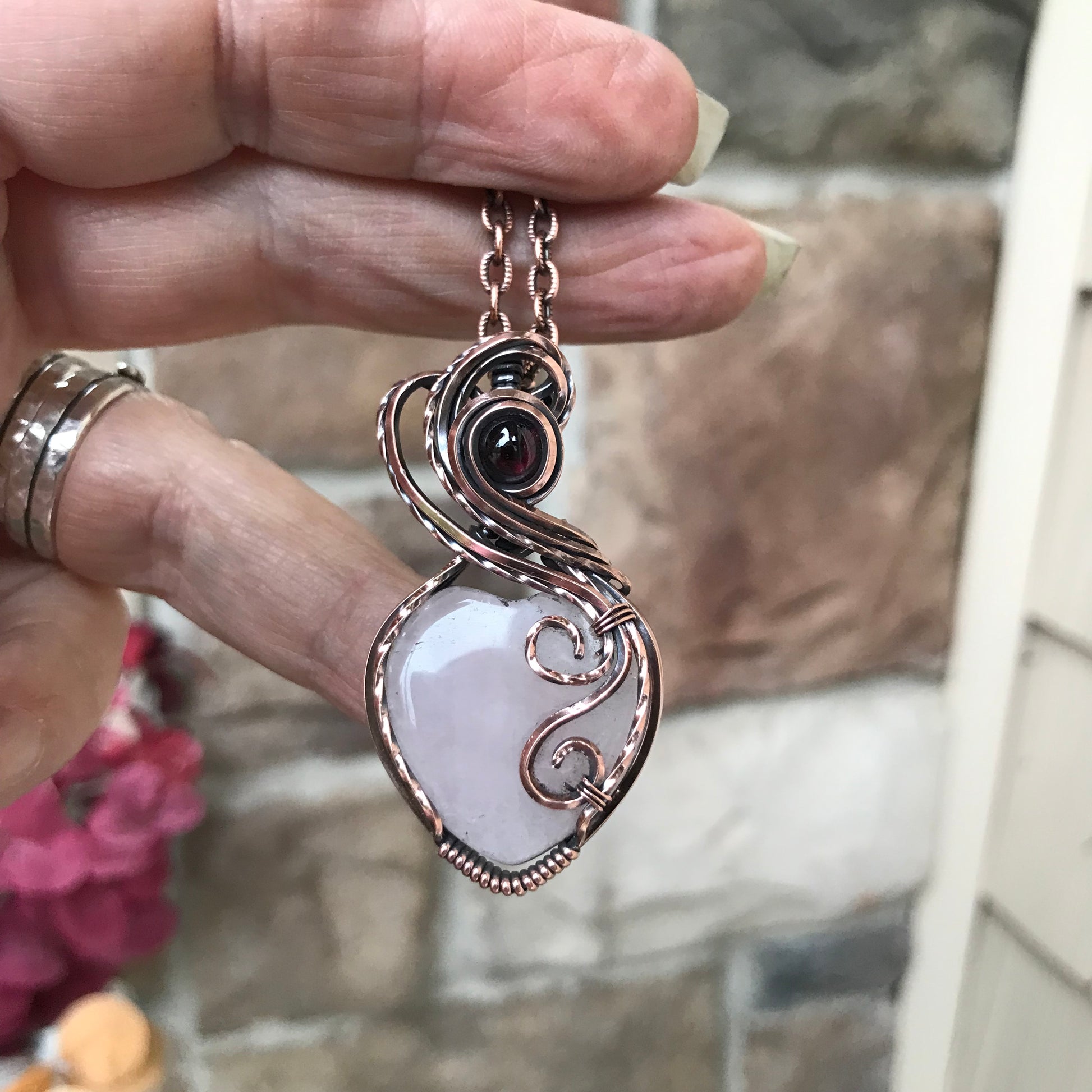 Rose Quartz & Garnet Copper Heart Necklace
