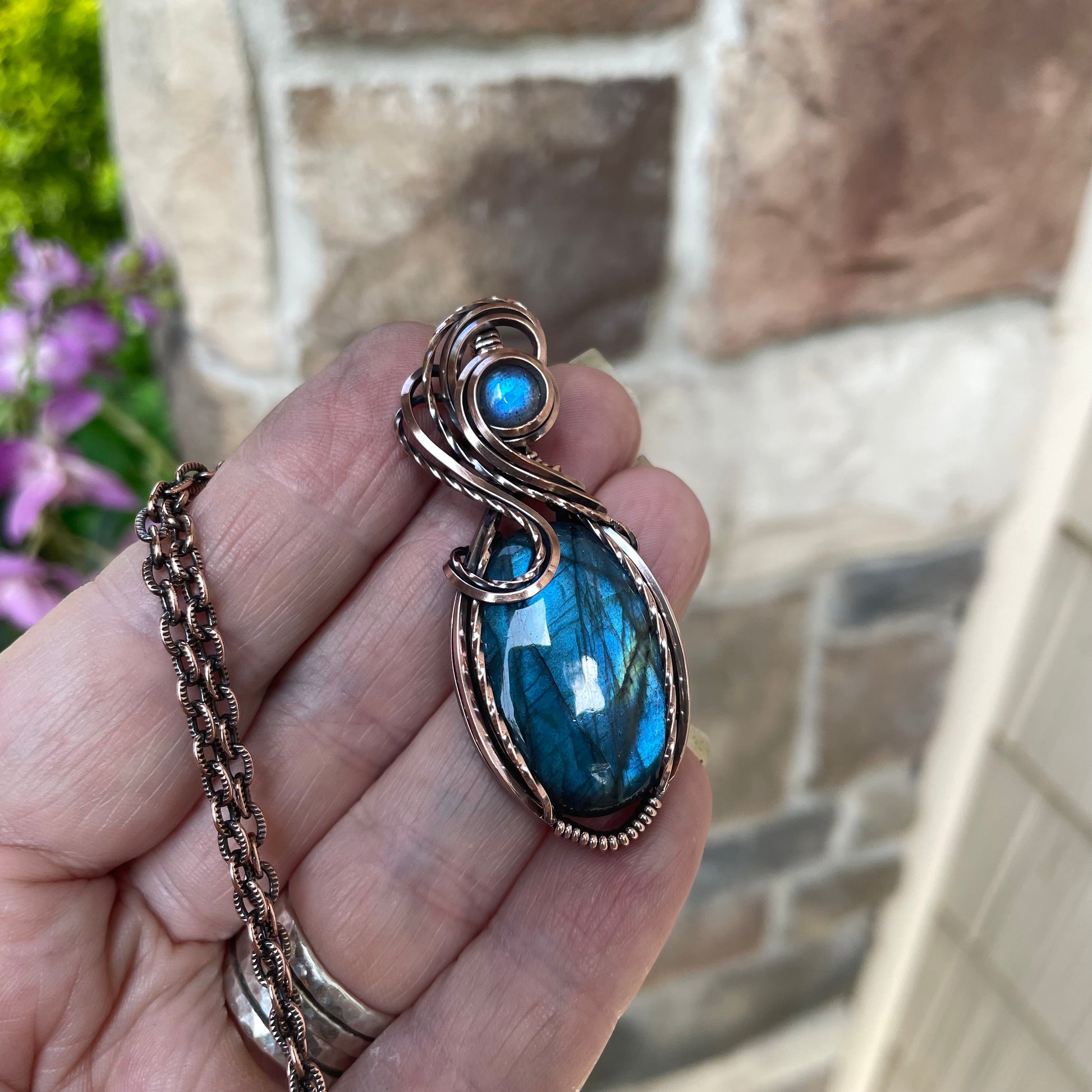 Blue Labradorite Swirly Copper Pendant