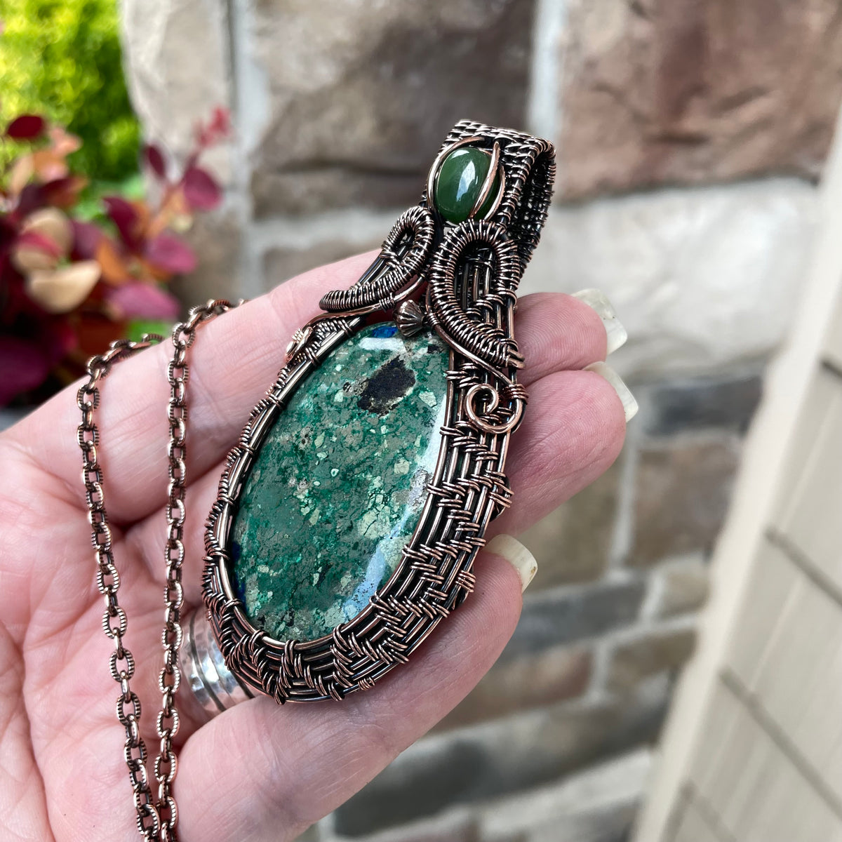 Azurite & Jade Woven Copper Pendant