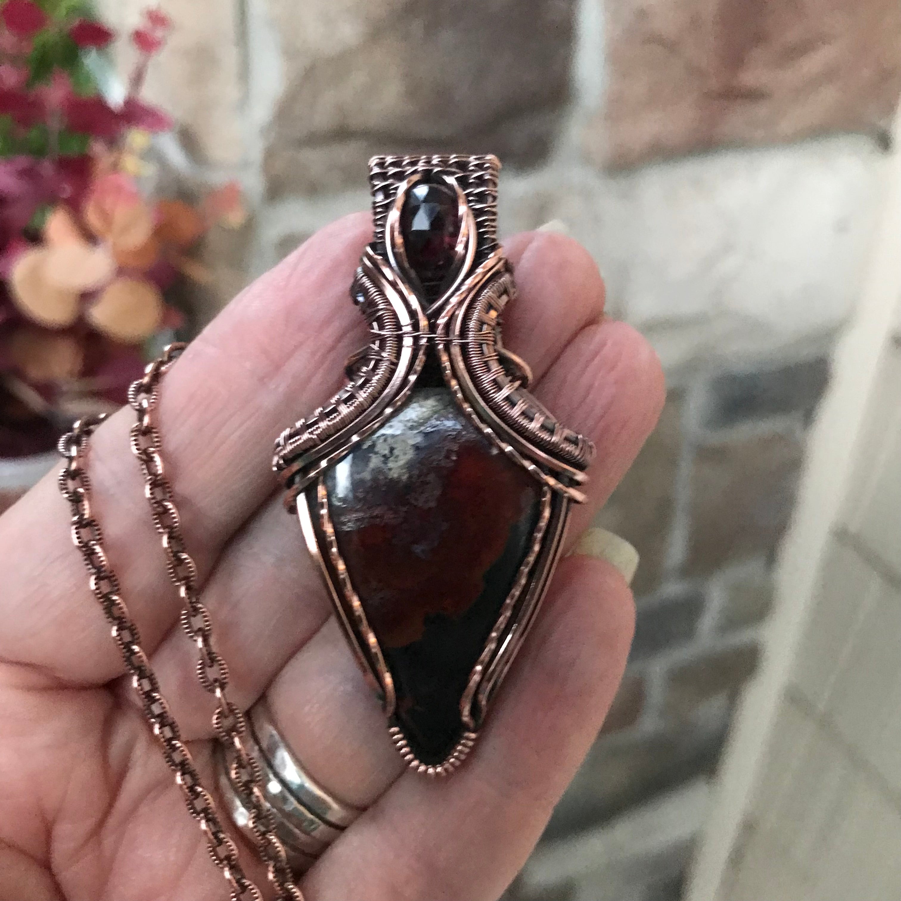 Crazy Lace Agate  & Garnet Copper Pendant with Weaving