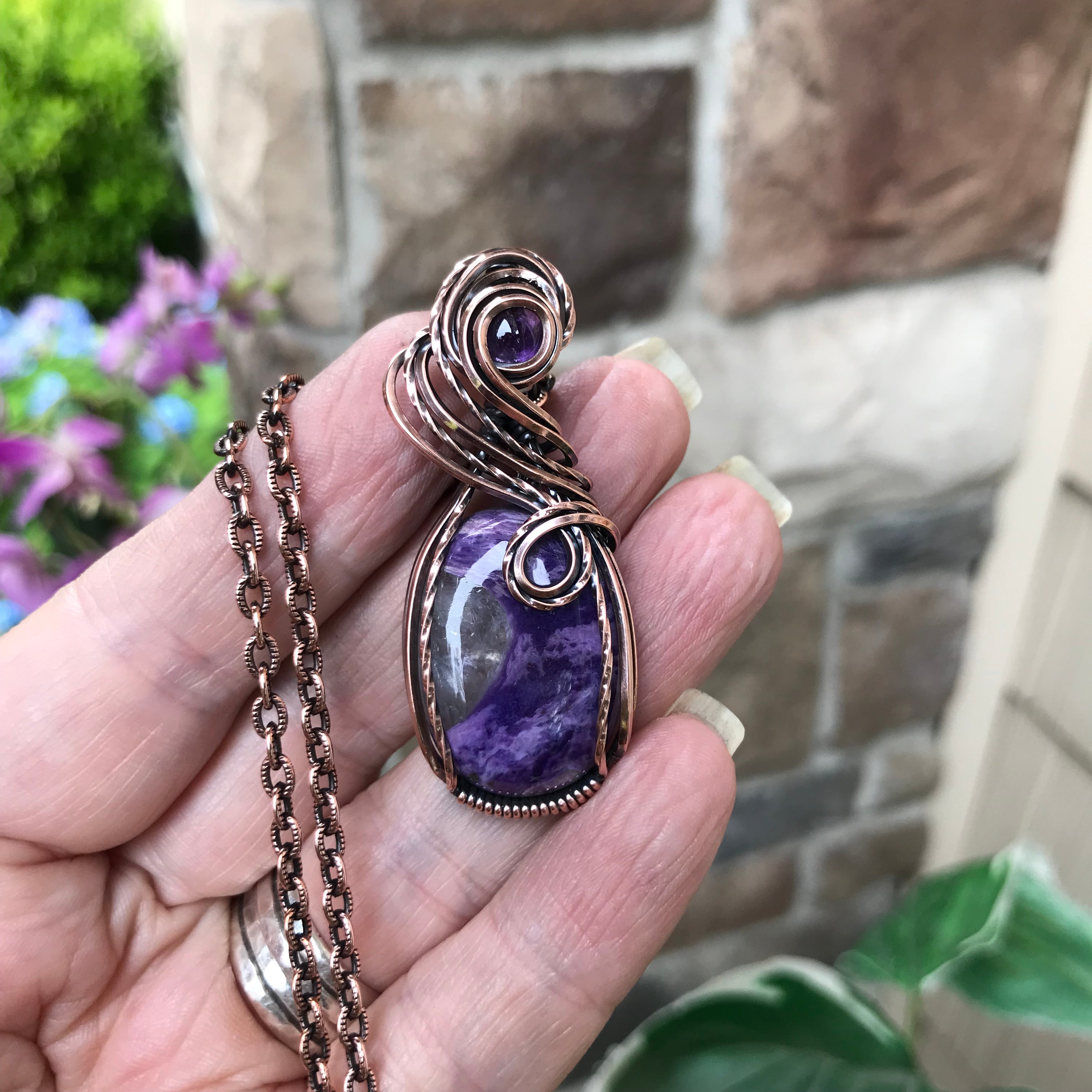 Charoite & Amethyst Oval Copper Pendant