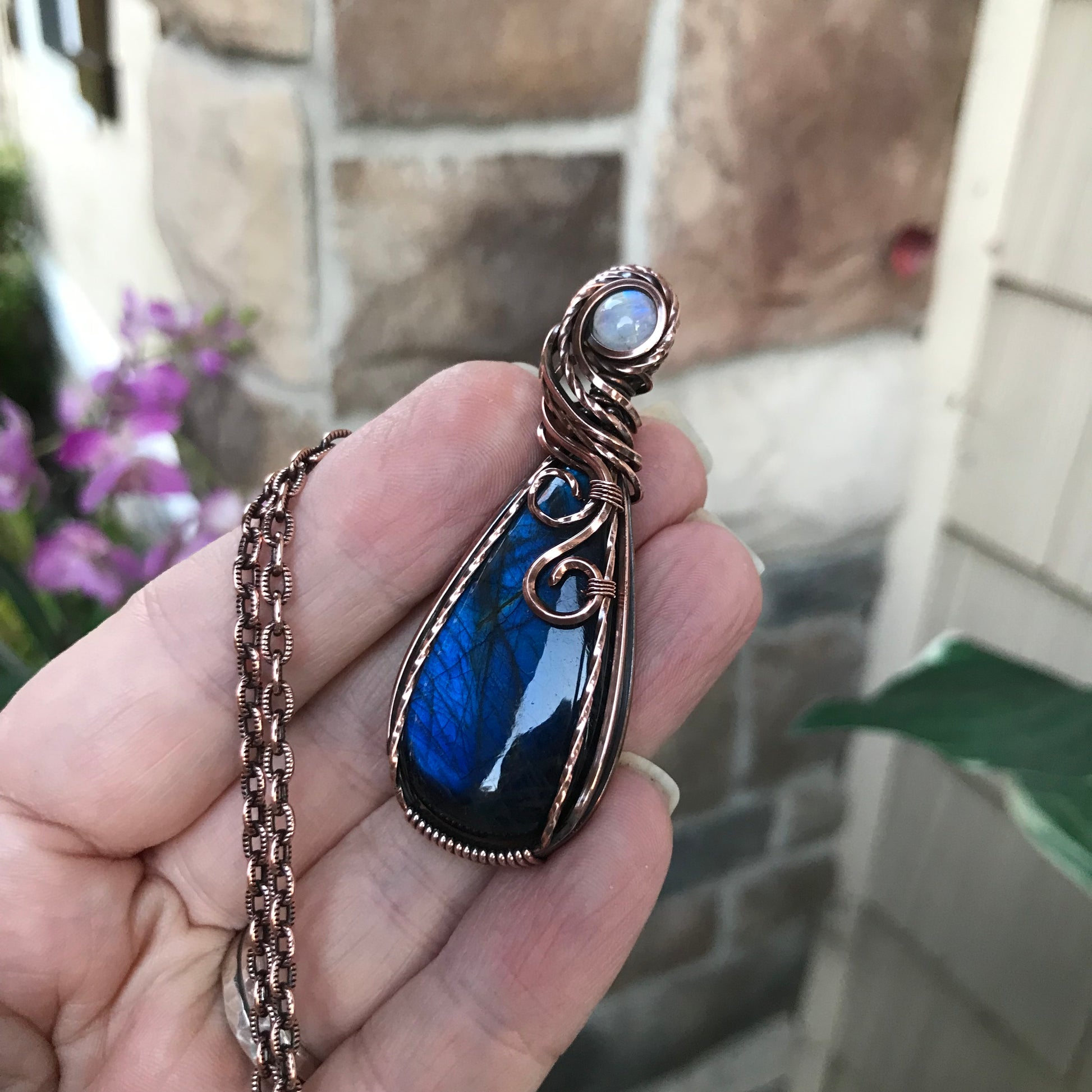 Blue Labradorite & Moonstone Slender Teardrop Copper Pendant