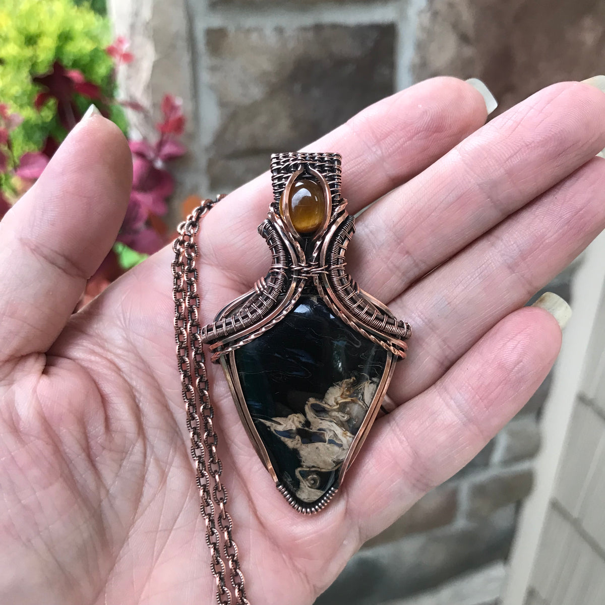 Petrified Palm Wood & Tiger Eye Copper Pendant with Weaving