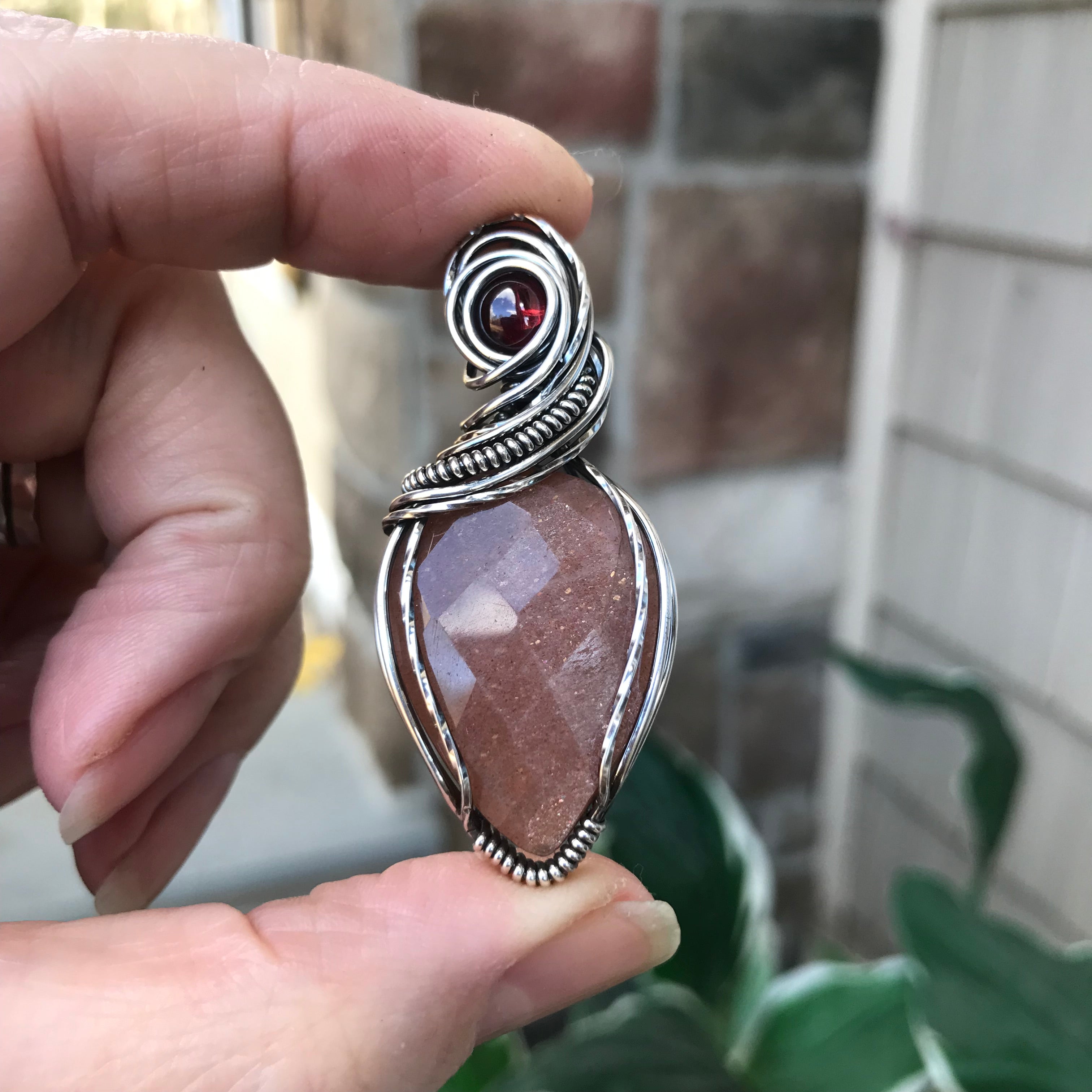 Peach Moonstone & Garnet Silver Necklace