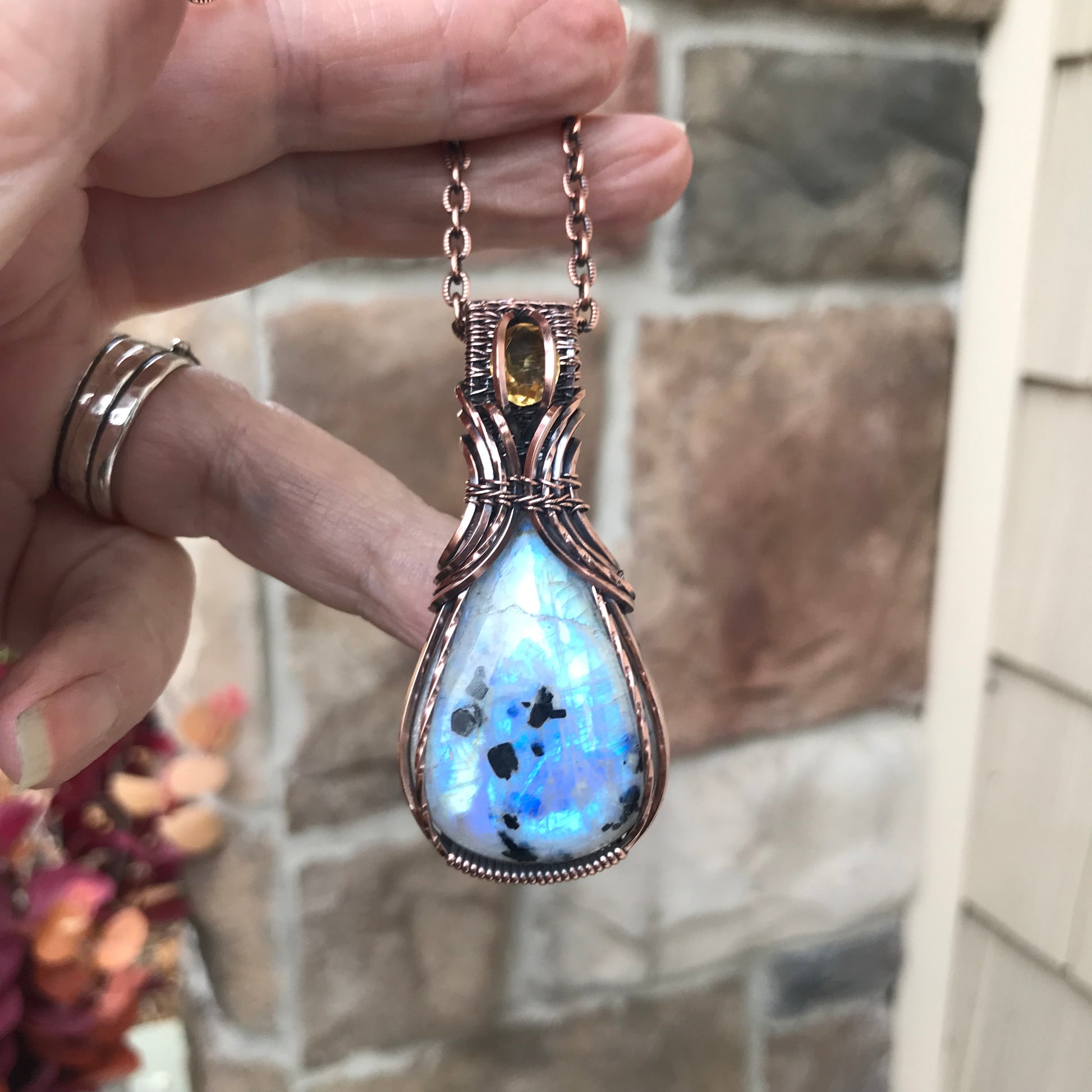 Moonstone with Tourmaline & Citrine Copper Pendant