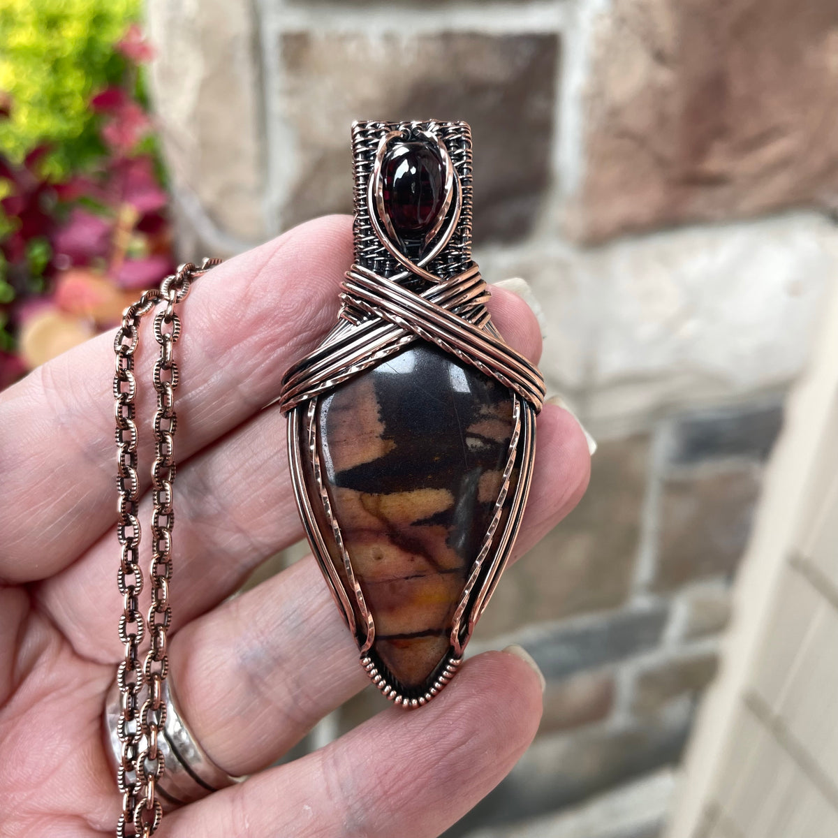 Biggs Jasper & Garnet Copper Pendant with Weaving