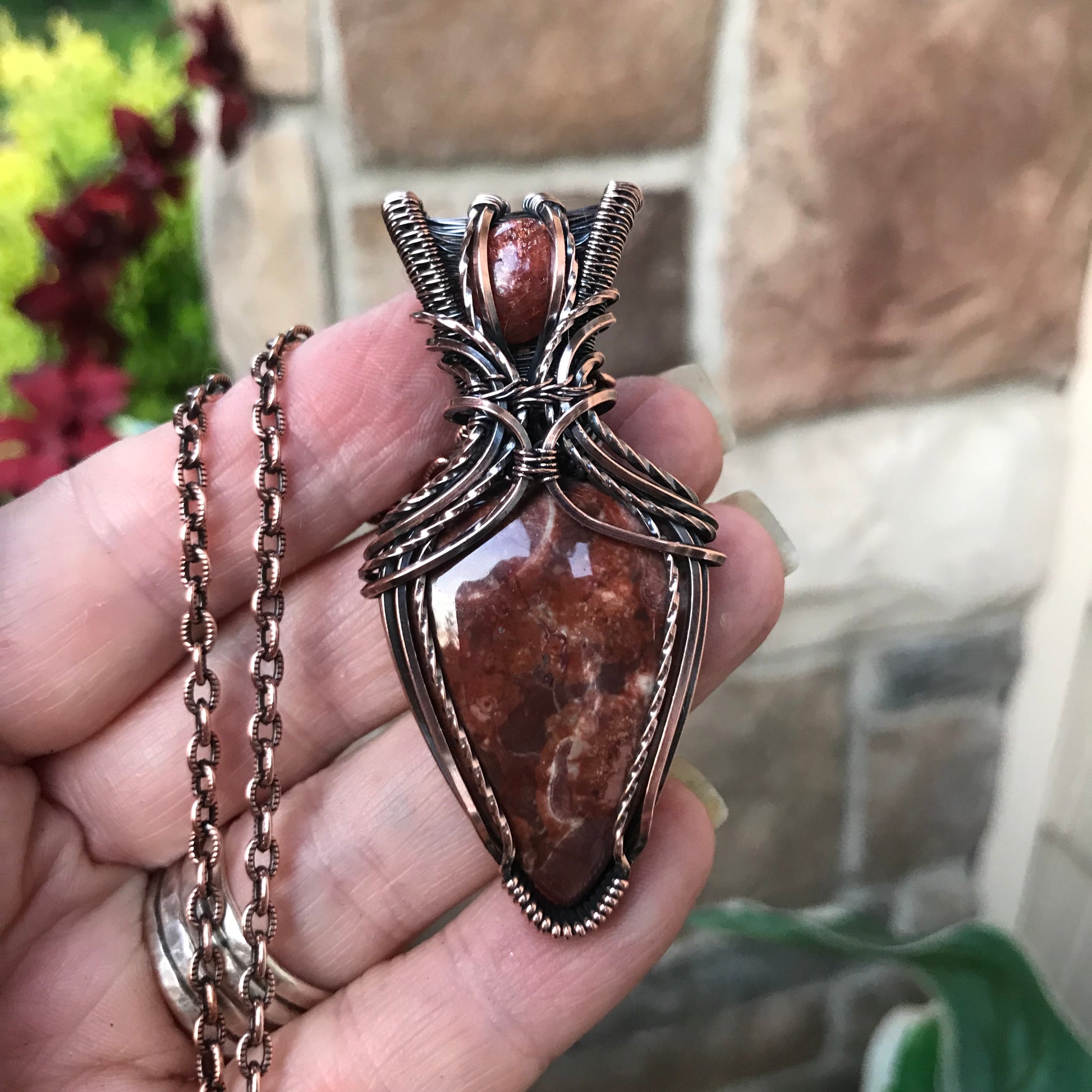 Wildeye Jasper & Sunstone Pendant in Oxidized Copper