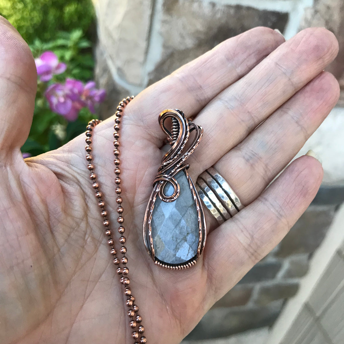 Faceted Gray Moonstone Copper Pendant